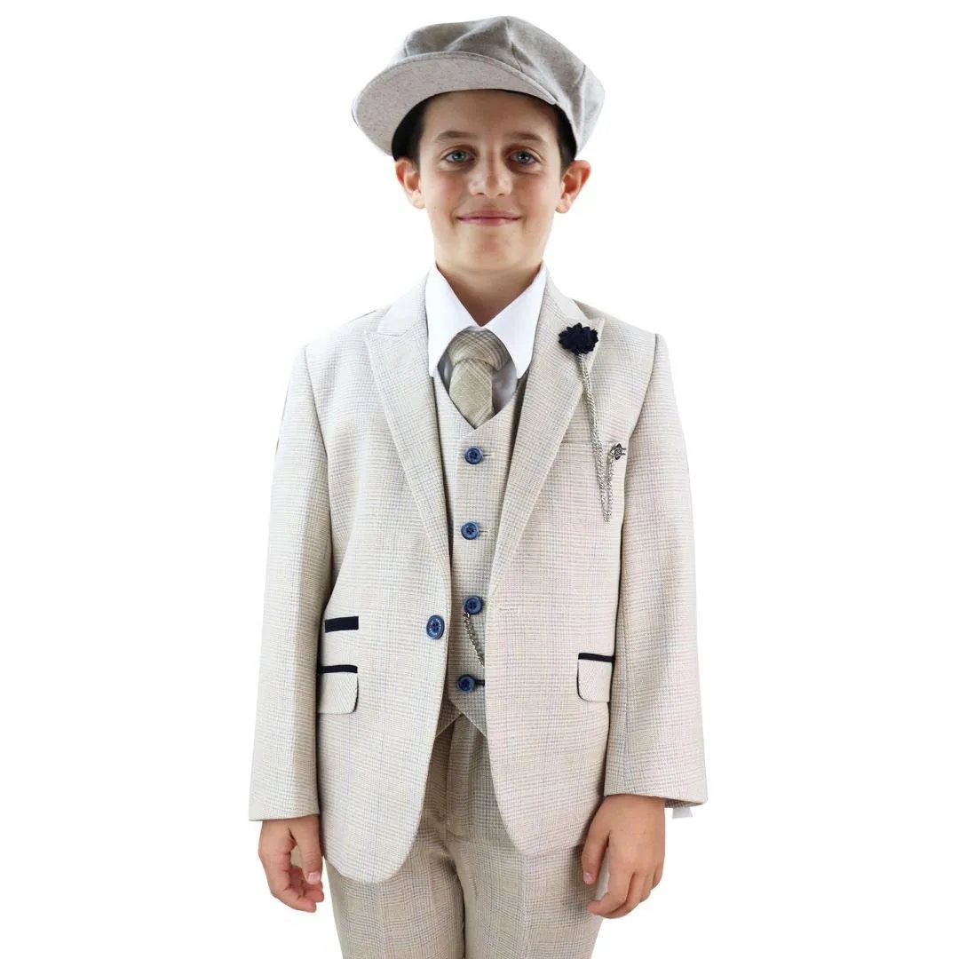 Boys 3 Piece Suit Tweed Cream Black Tailored Fit Wedding Blinders Classic