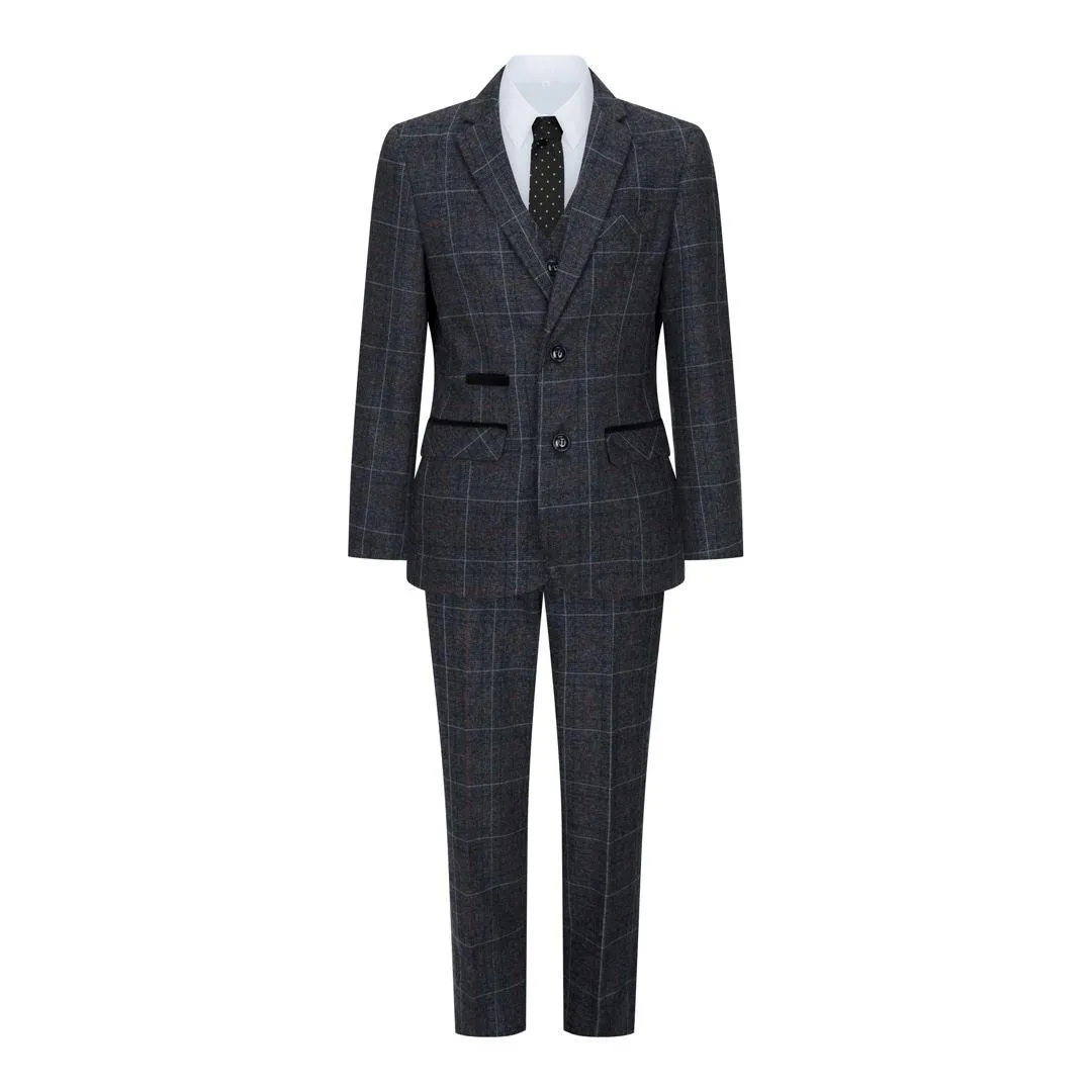 Boys Grey Black 3 Piece Tweed Suit Herringbone Wine Vintage Retro