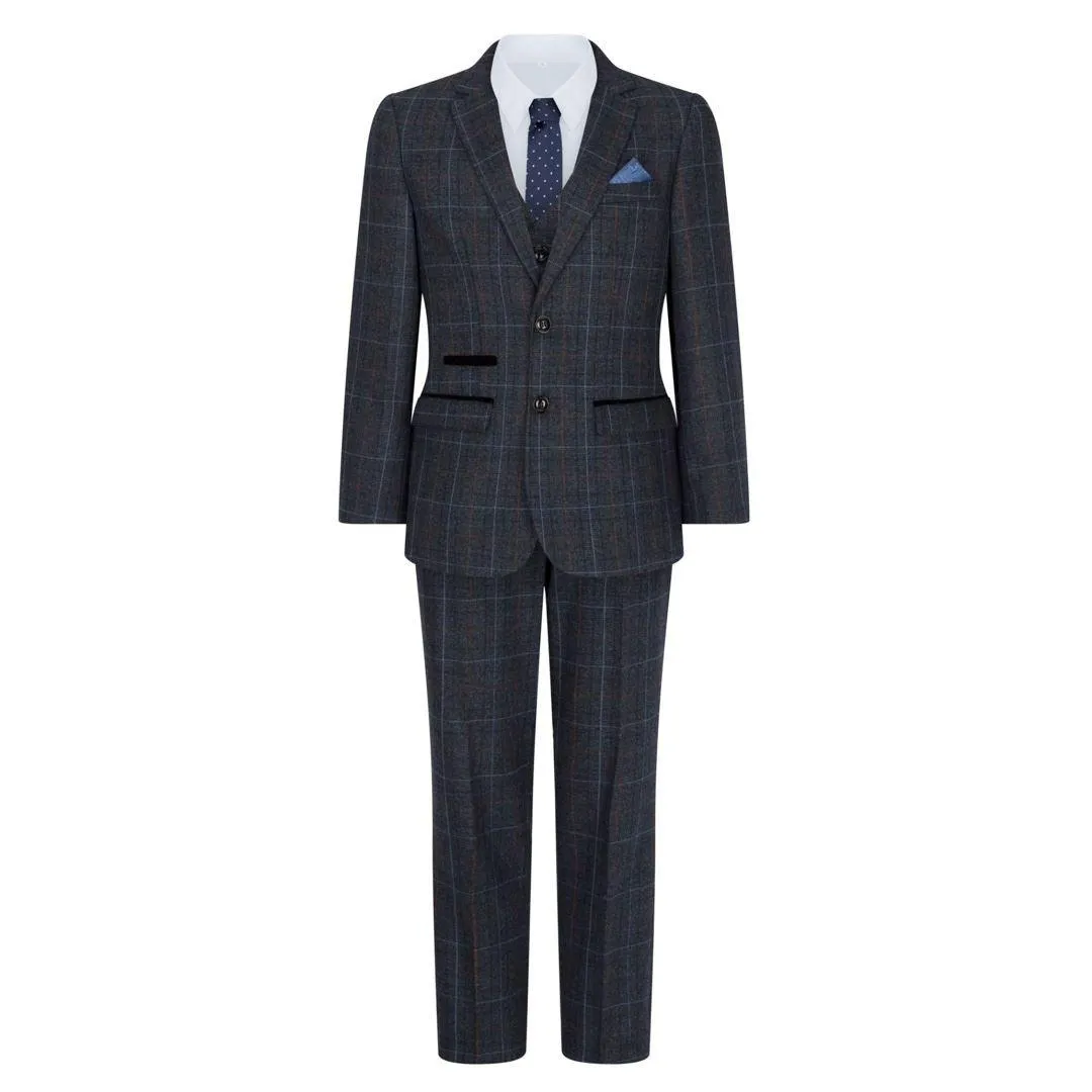 Boys Navy Blue 3 Piece Tweed Suit Herringbone Wine Vintage Retro