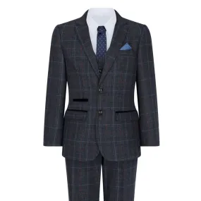 Boys Navy Blue 3 Piece Tweed Suit Herringbone Wine Vintage Retro