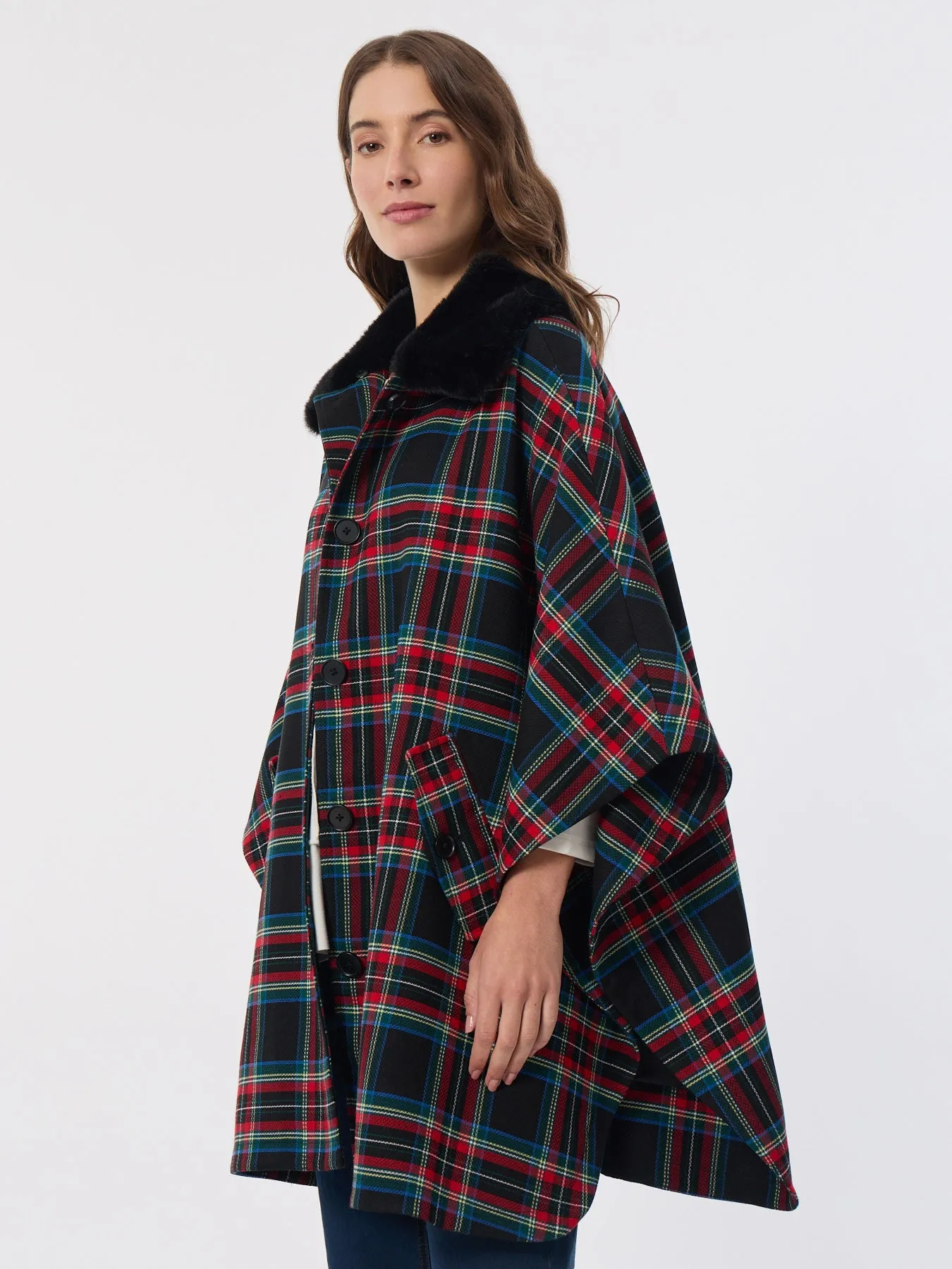 Button-Up Faux Fur Collar Poncho