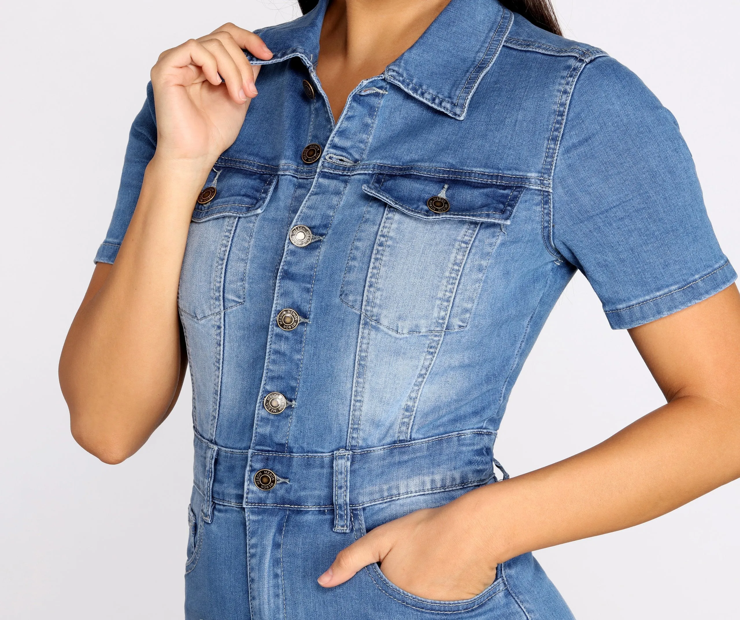 Button Up In Charming Denim Frayed Dress