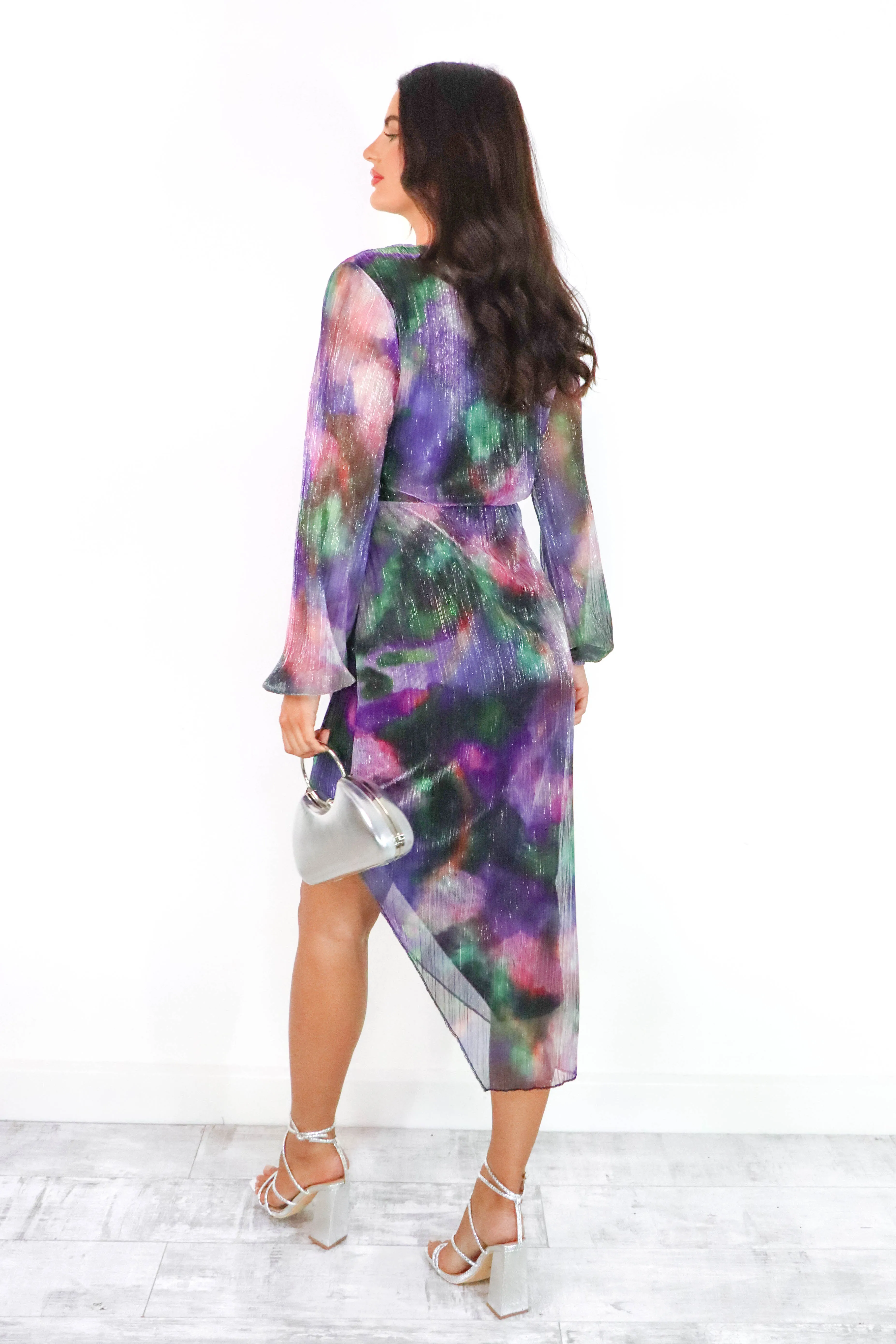 Call The Shots - Purple Blur Print Lurex Mesh Wrap Dress