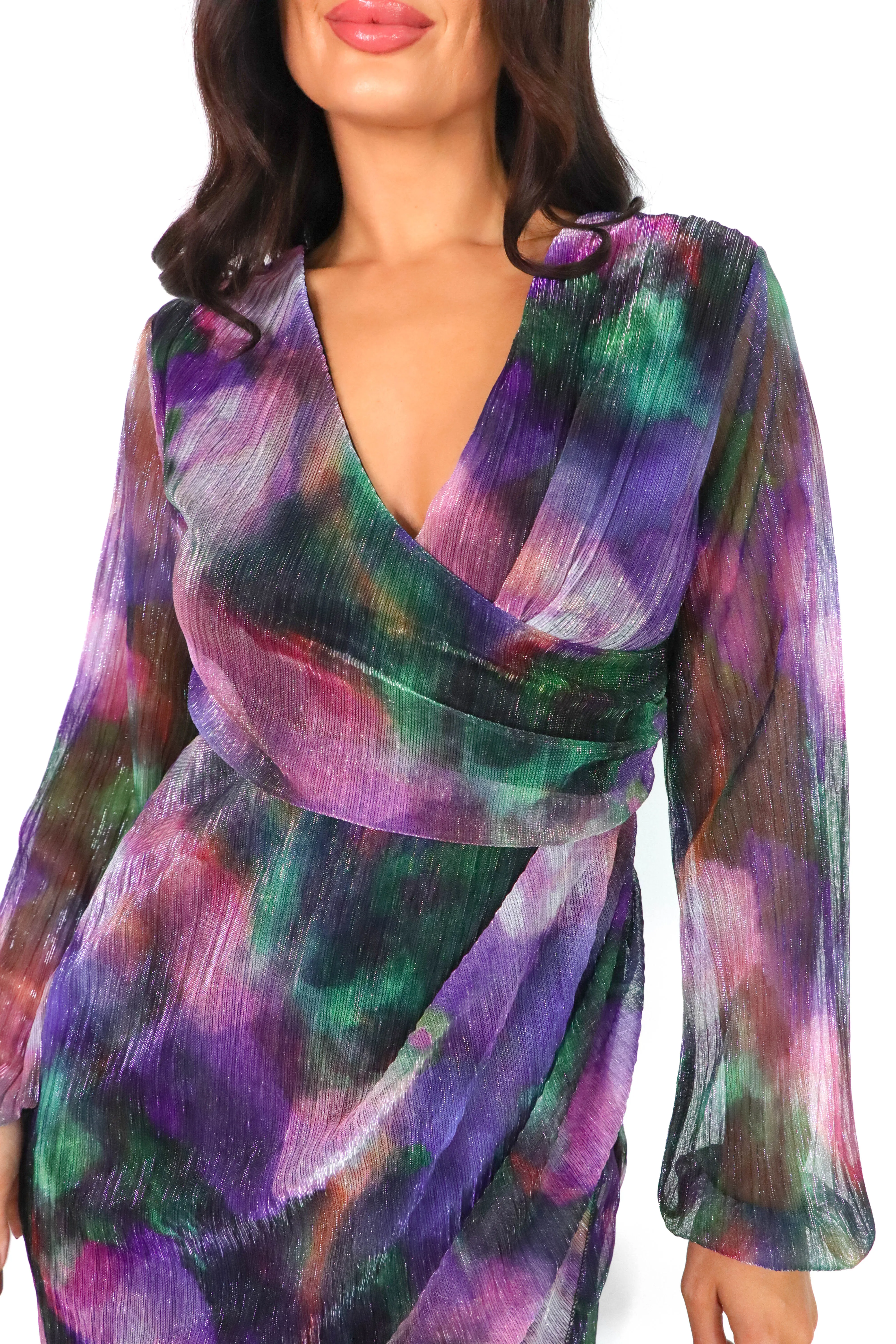 Call The Shots - Purple Blur Print Lurex Mesh Wrap Dress