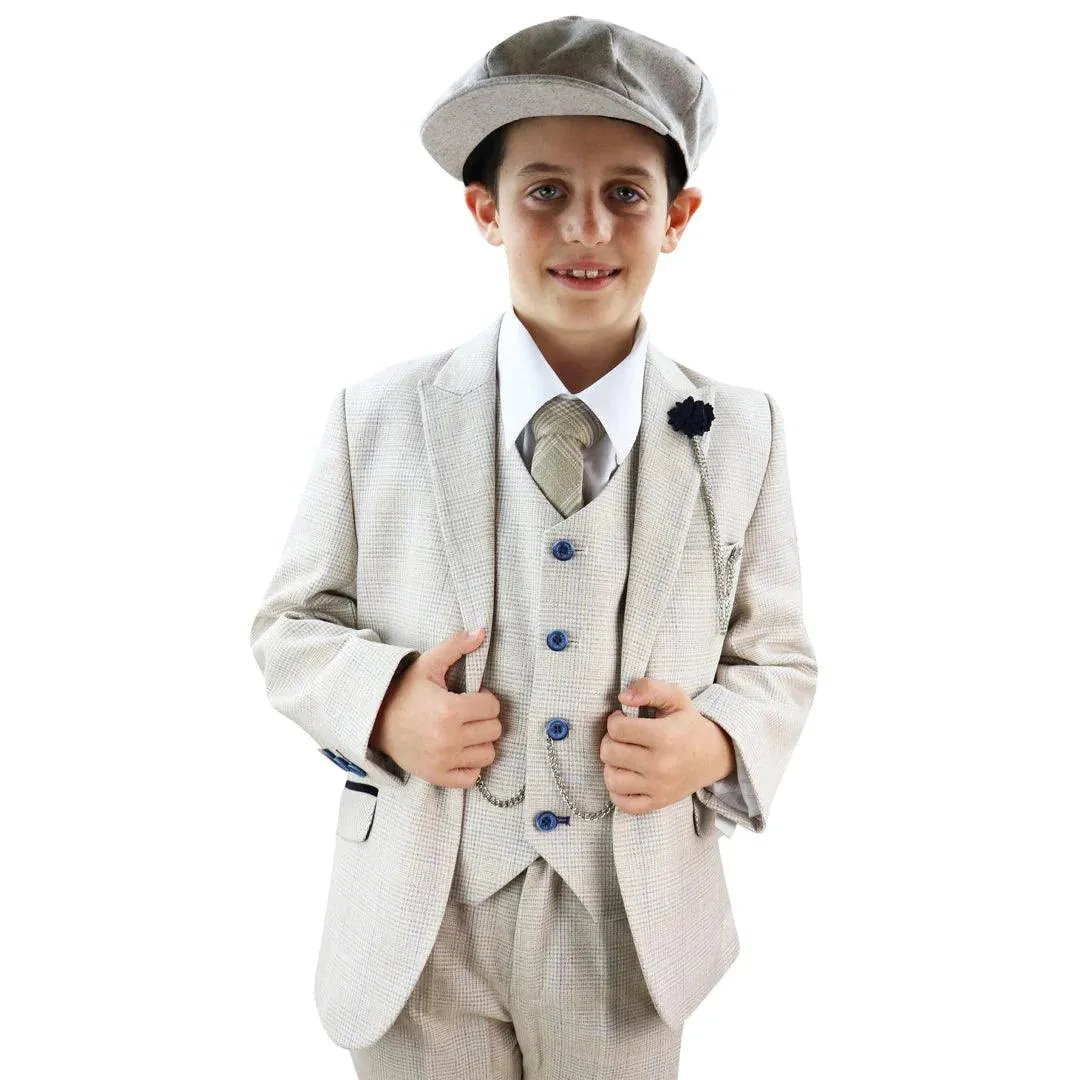 Caridi - Men's Boys 3 Piece Suit Tweed Cream Black Wedding