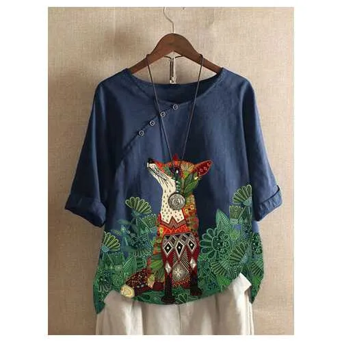 Cartoon Animal Floral Printed T-shirt