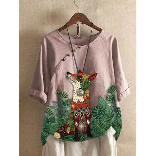 Cartoon Animal Floral Printed T-shirt