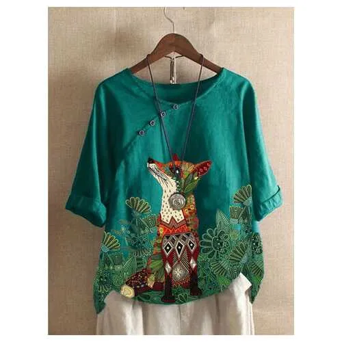 Cartoon Animal Floral Printed T-shirt