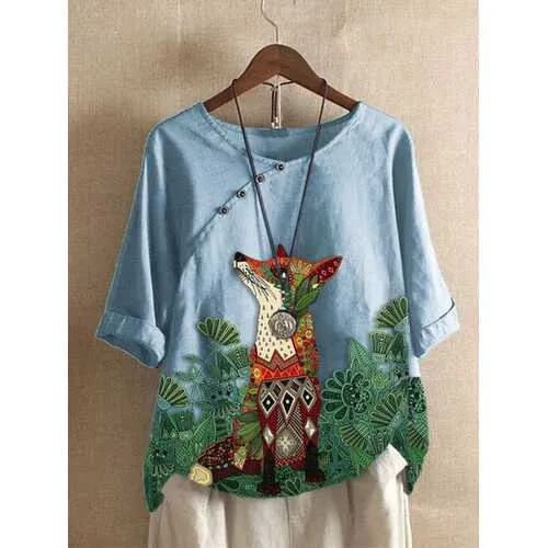 Cartoon Animal Floral Printed T-shirt