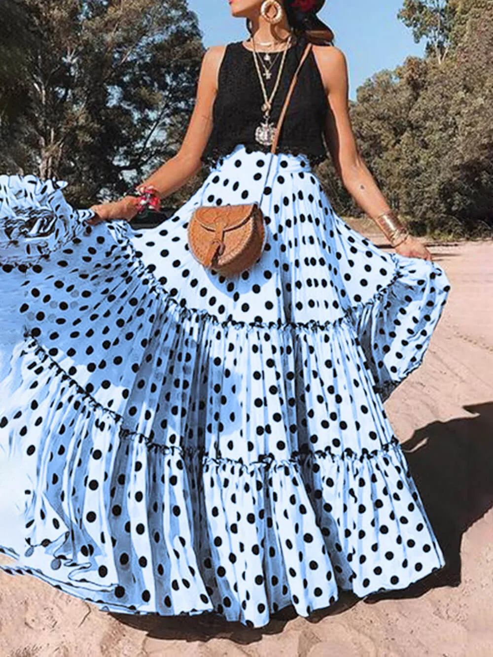 Casual Long Polka Charming Dot Printed Halter Skirt