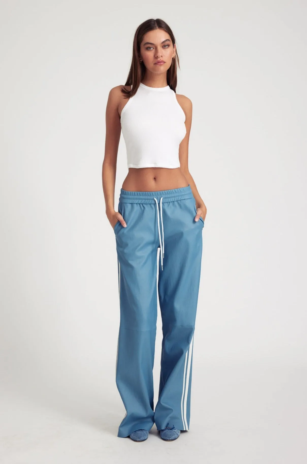 Chambray Blue Leather Drawstring Athletic Pants