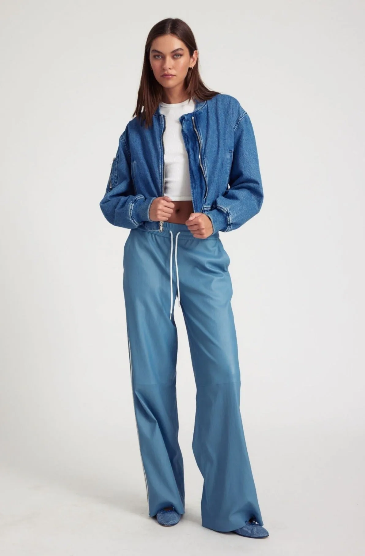 Chambray Blue Leather Drawstring Athletic Pants