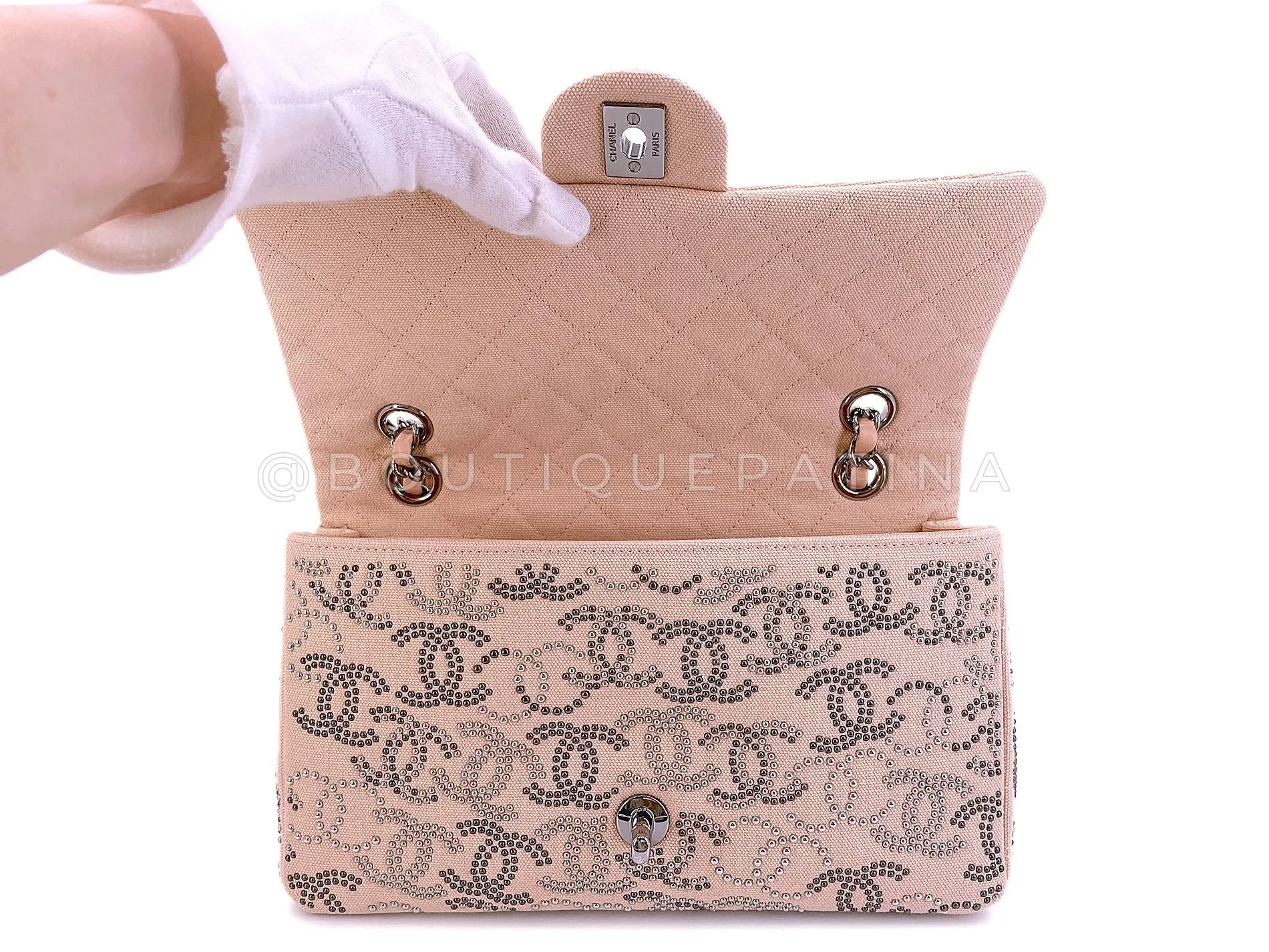 Chanel 2019 Pink Studded CCs Canvas Logomania Flap Bag RHW YA6