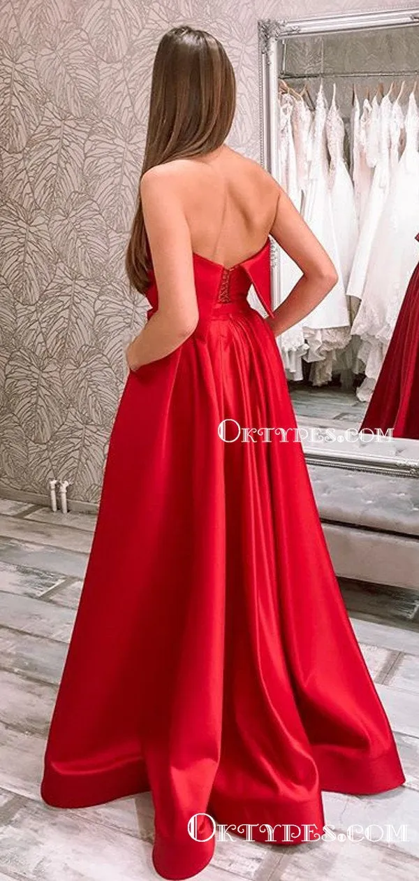 Charming Simple Red Satin Strapless Sleeveless A-line Long Cheap Side Slit Prom Dresses With Pockets, PDS0036