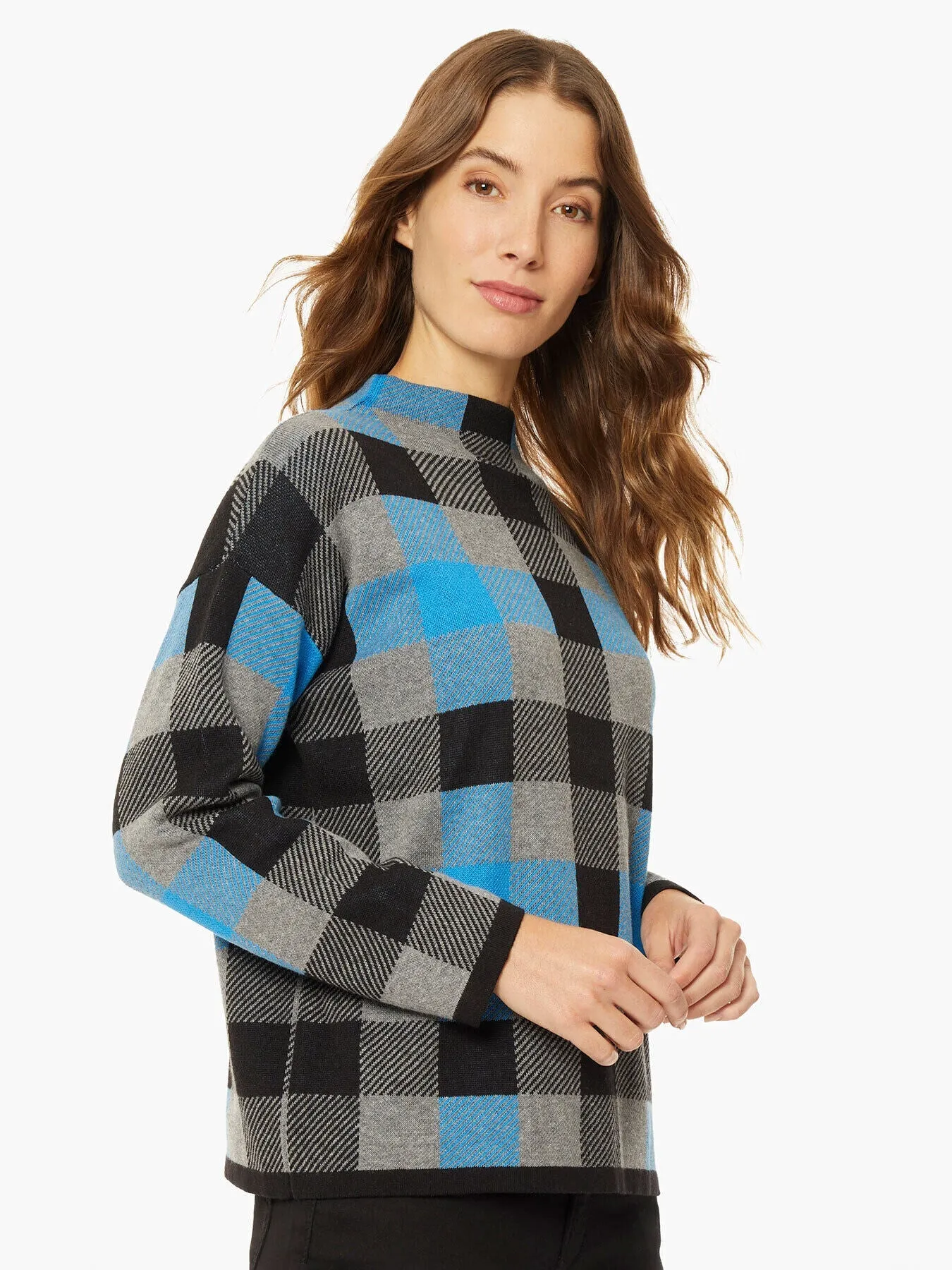 Checked Mock Neck Jacquard Sweater