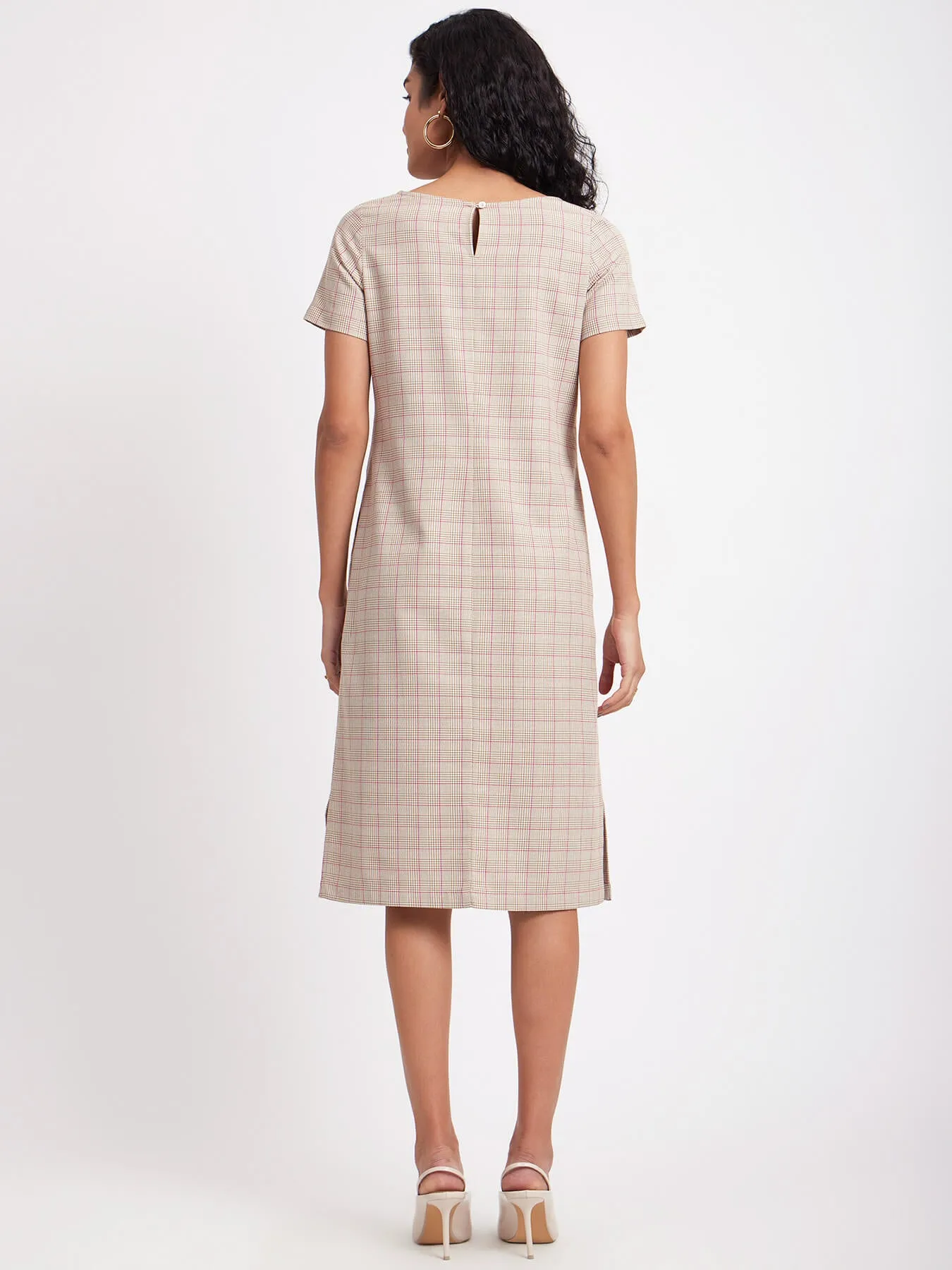 Checkered Boat Neck Dress - Beige And White