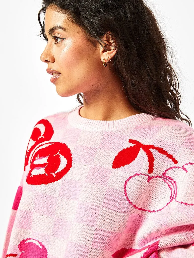 Cherry Checkerboard Knit Jumper in Pink