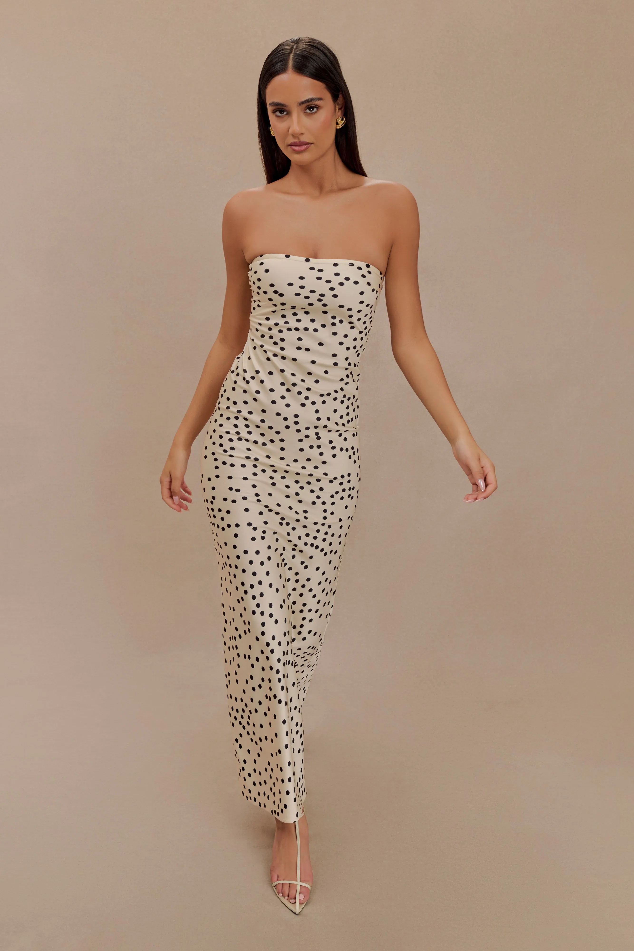 Claudette Strapless Satin Maxi Dress - Polka Dot Print