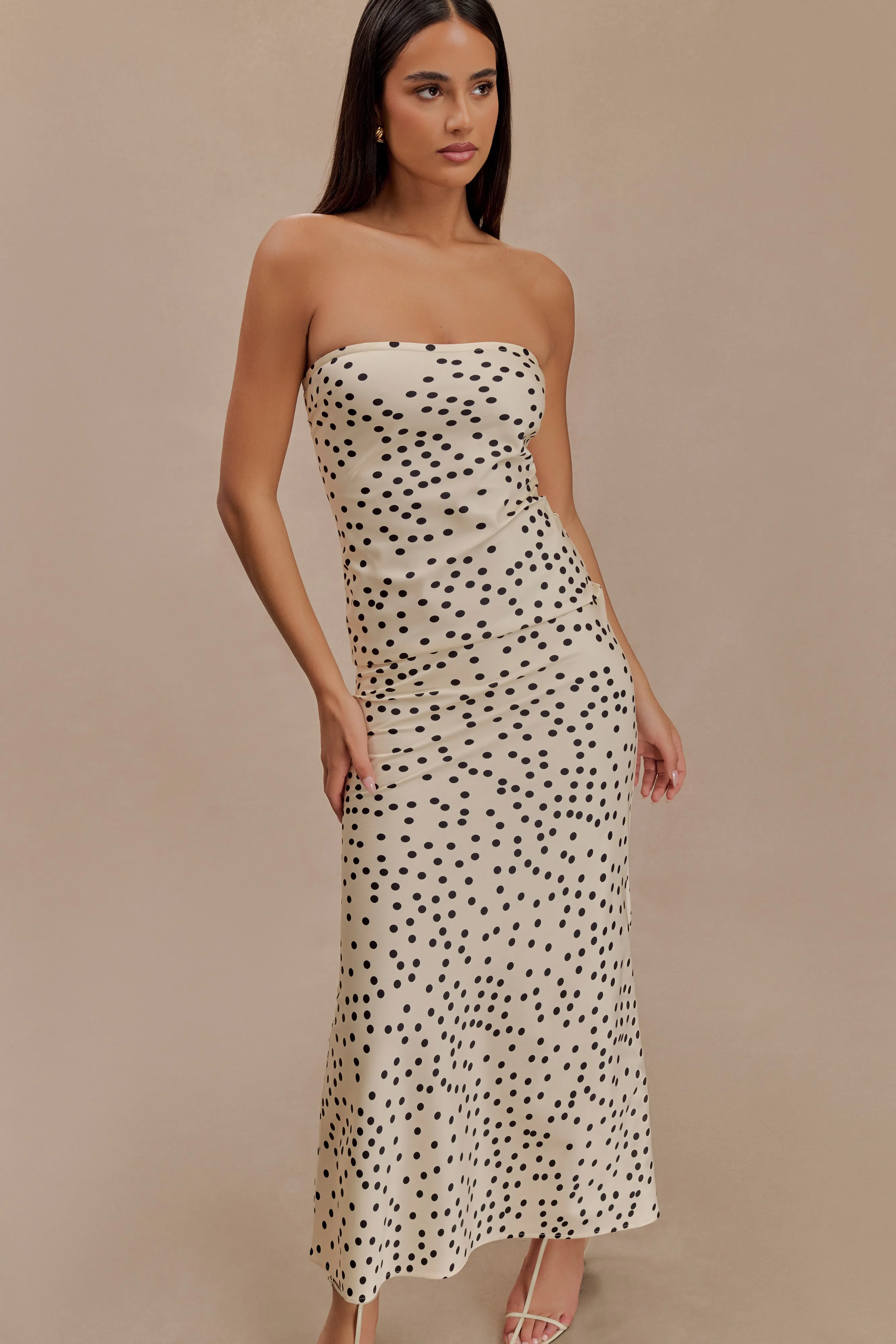 Claudette Strapless Satin Maxi Dress - Polka Dot Print