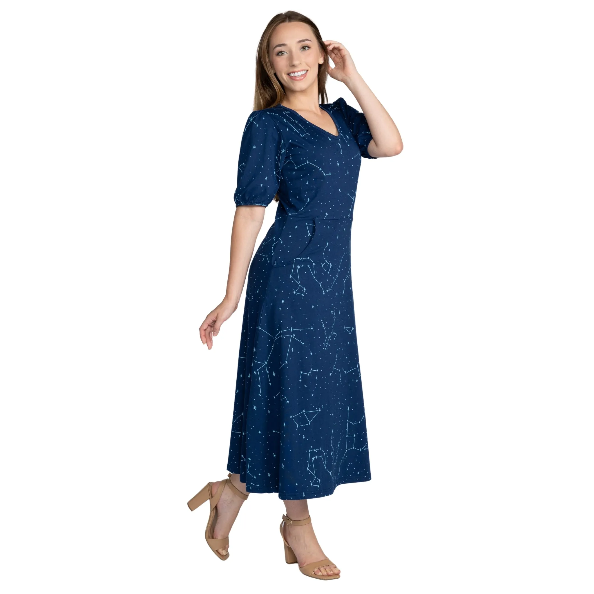 Constellations Glow-in-the-Dark Navy Long Midi Dress (With Waist Seam)