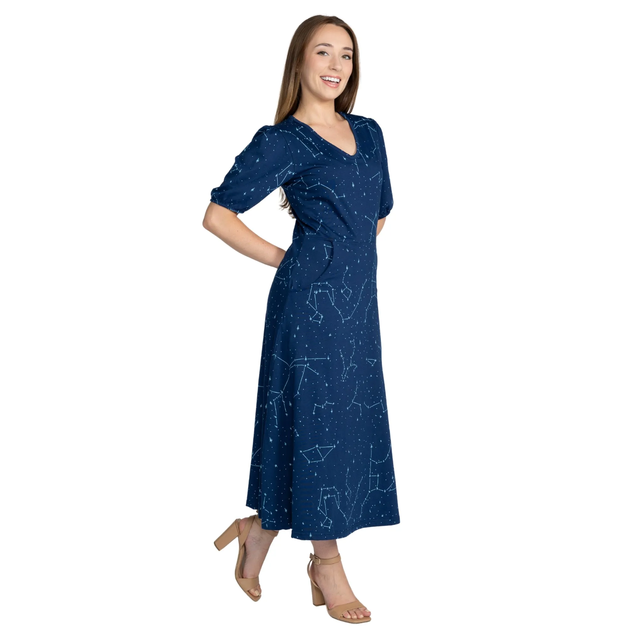 Constellations Glow-in-the-Dark Navy Long Midi Dress (With Waist Seam)