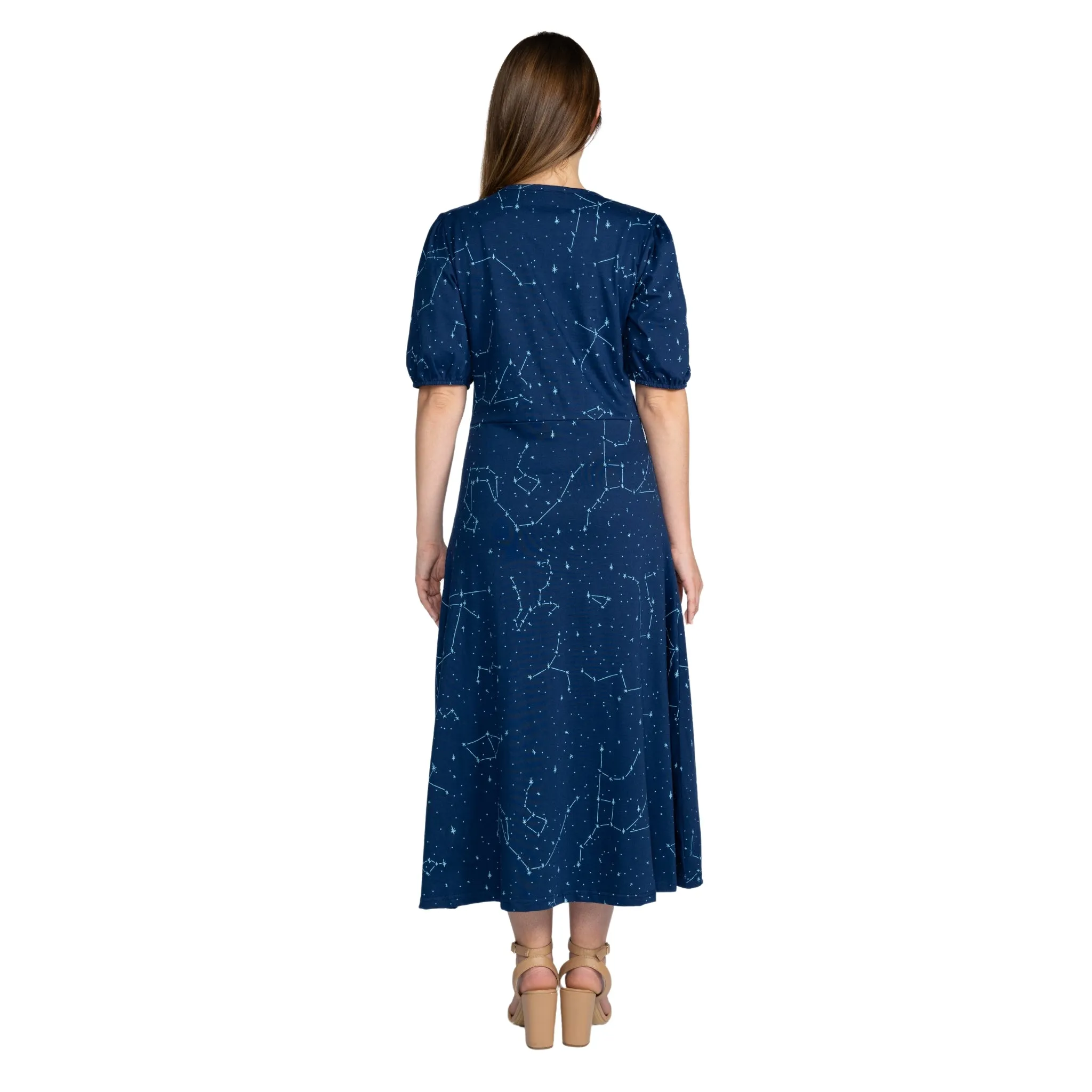 Constellations Glow-in-the-Dark Navy Long Midi Dress (With Waist Seam)