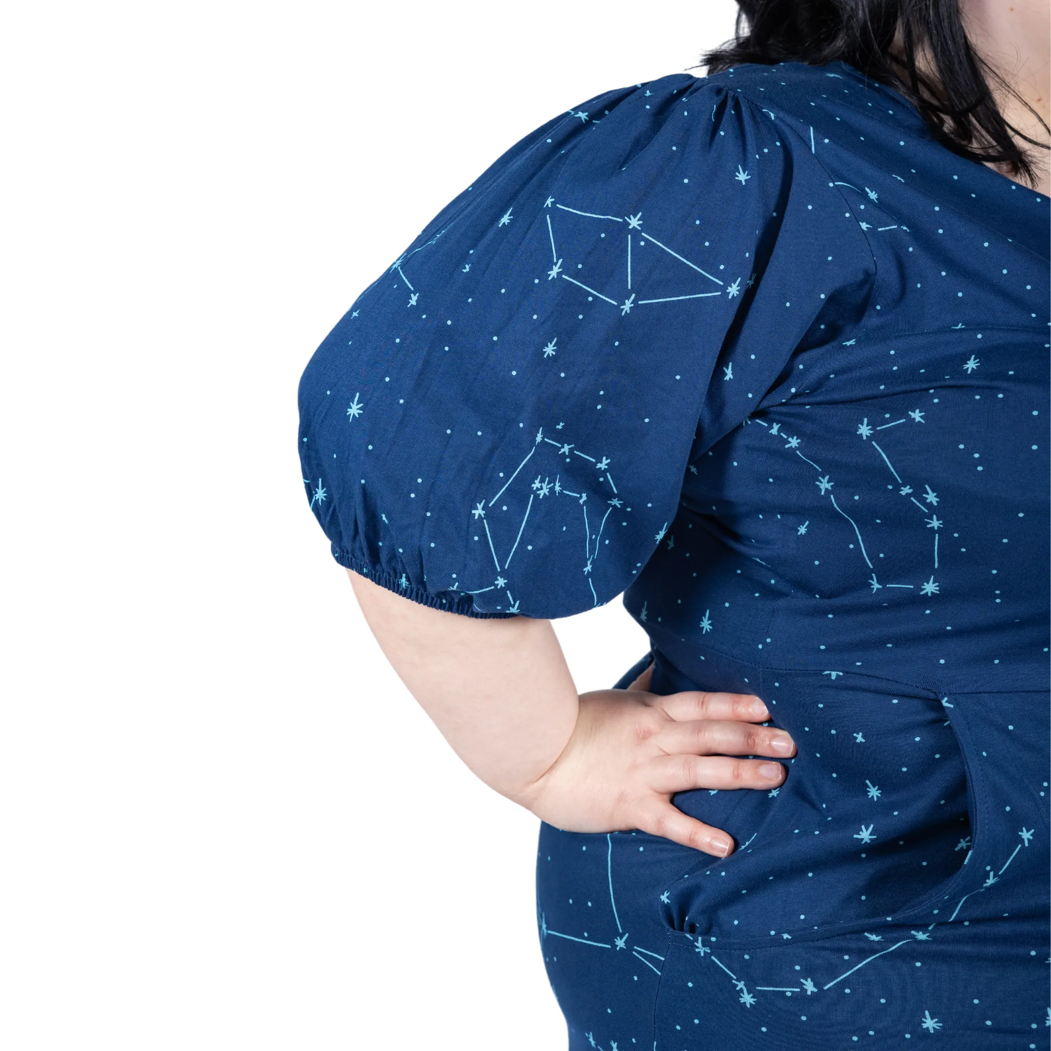 Constellations Glow-in-the-Dark Navy Long Midi Dress (With Waist Seam)