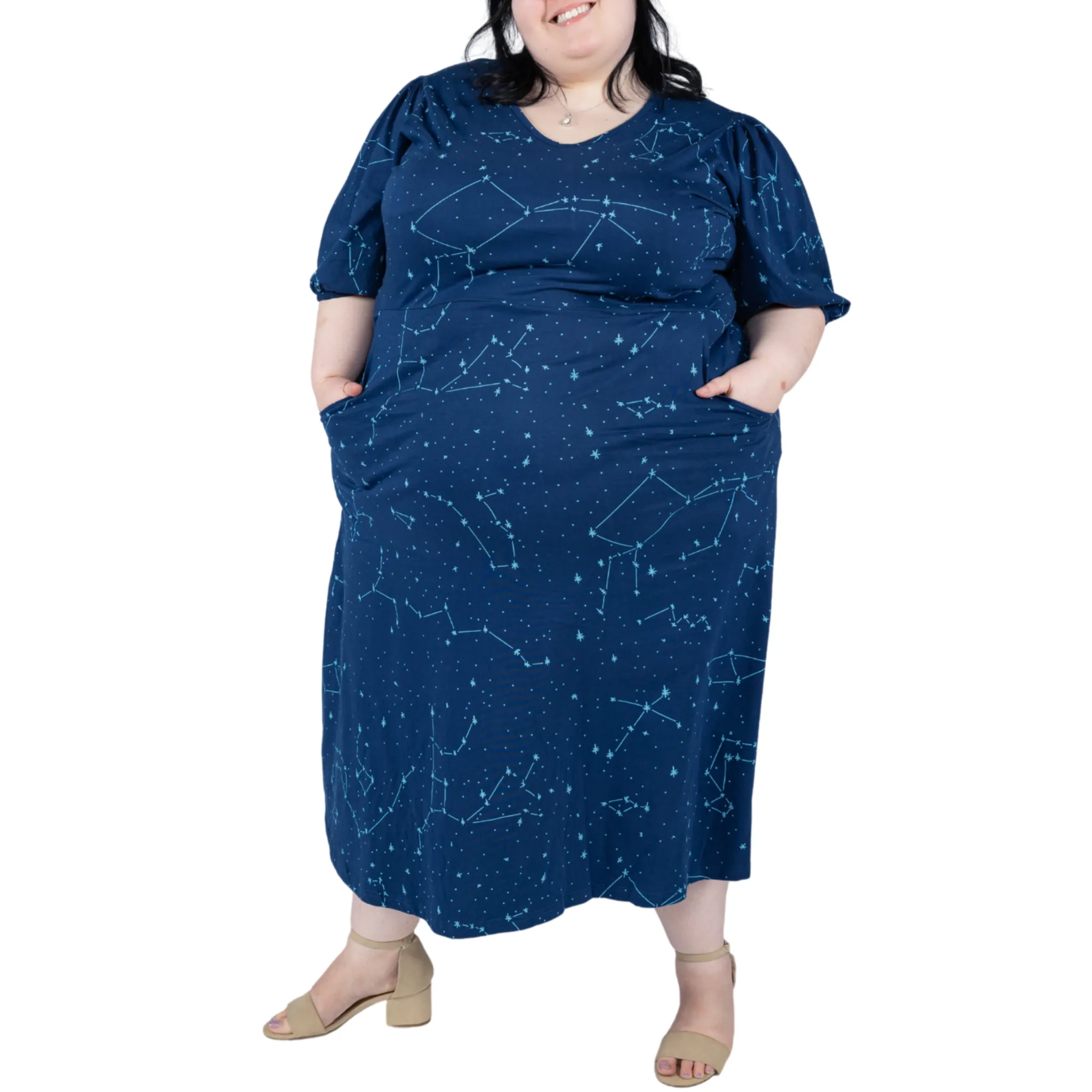 Constellations Glow-in-the-Dark Navy Long Midi Dress (With Waist Seam)