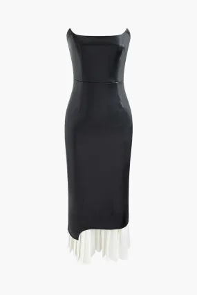 Contrast Strapless Faux Leather Pleated Midi Dress