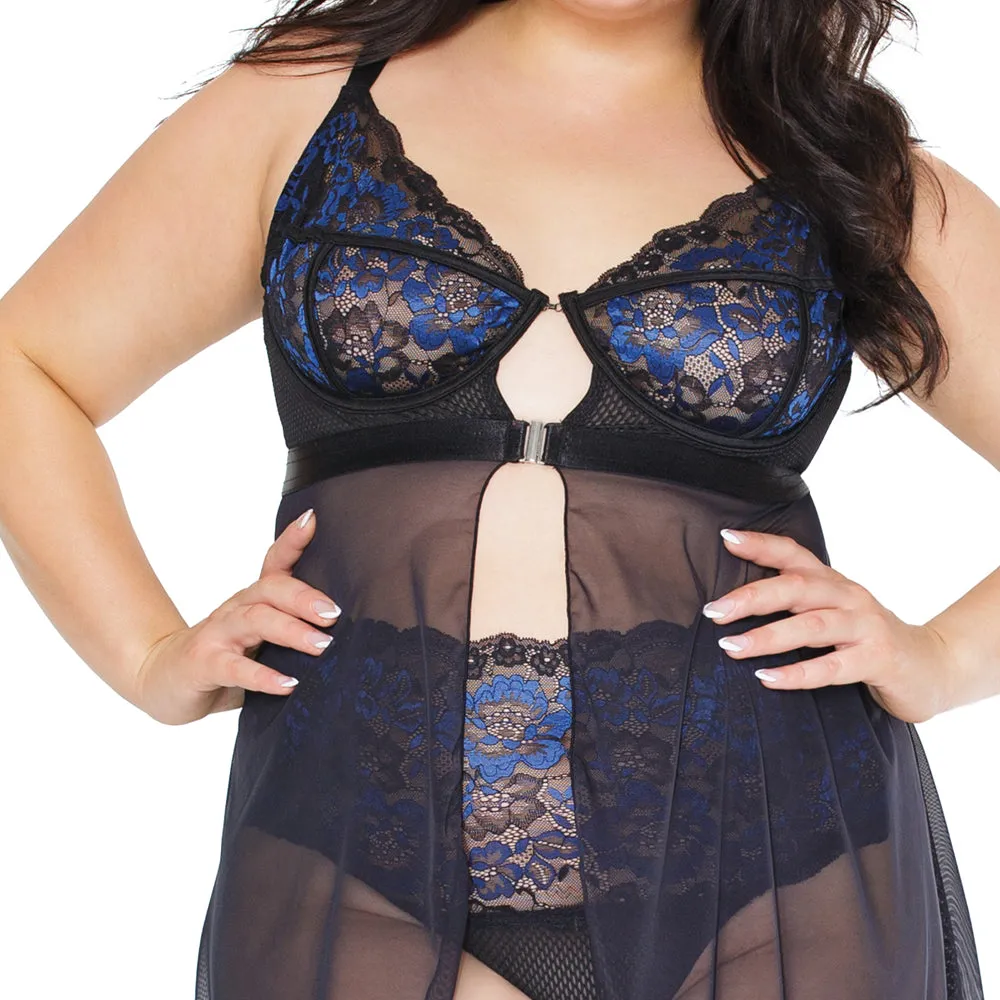 Coquette Split Lace & Mesh Babydoll With High-Waisted Thong - Curvy