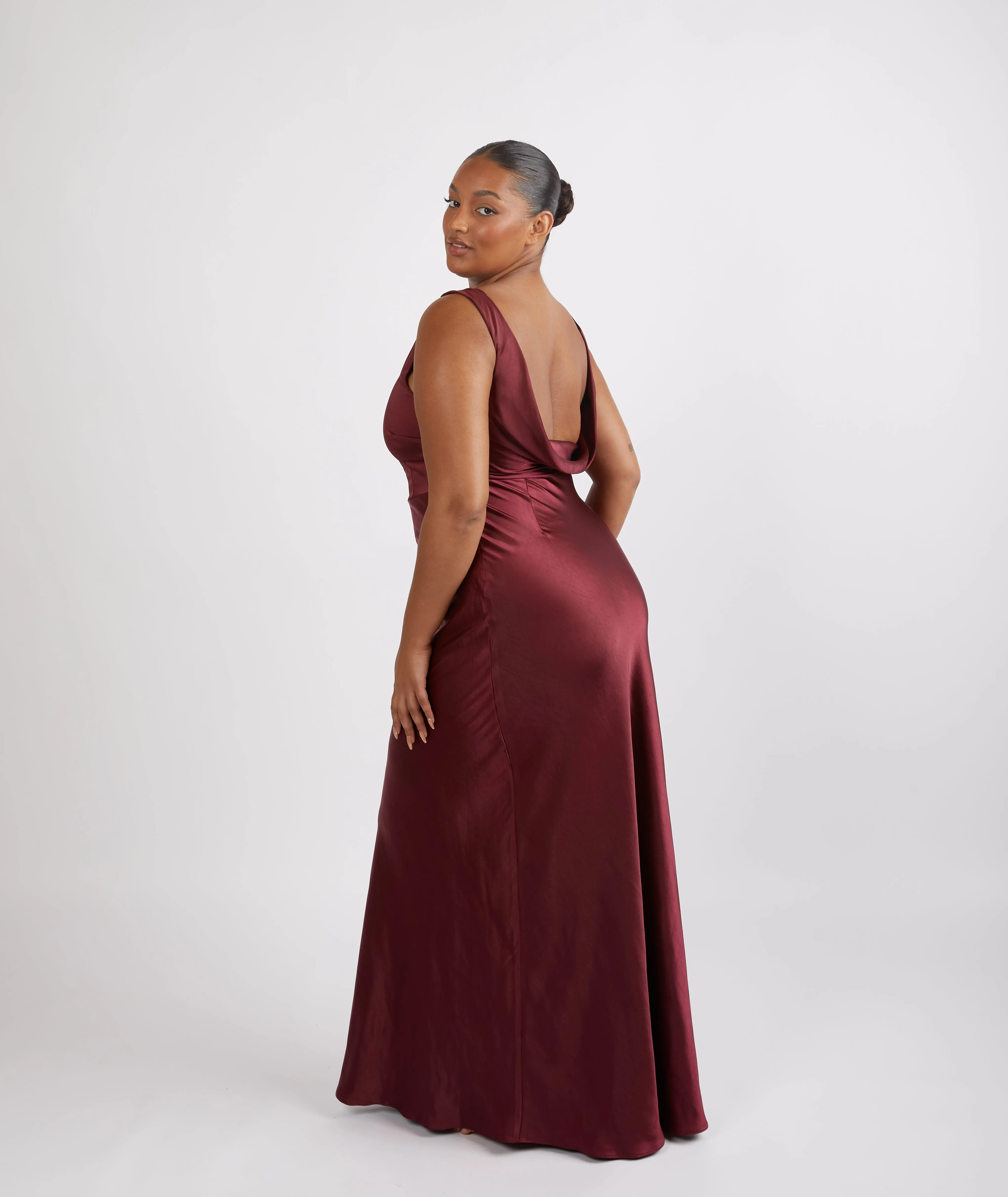 Cowl Back Satin Bridesmaid Dress - Deep Wine