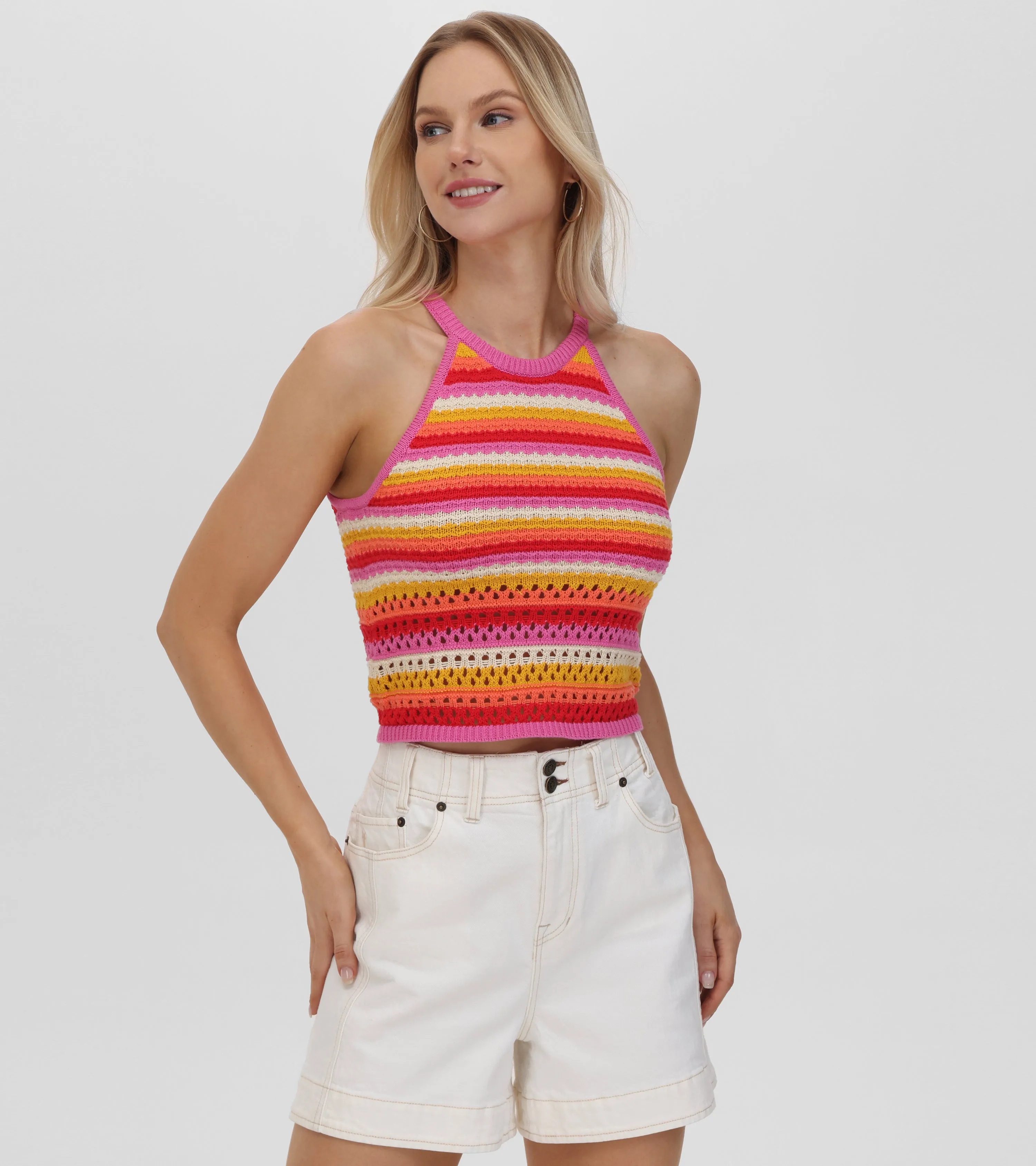 Crochet Striped Halter Neck Tank