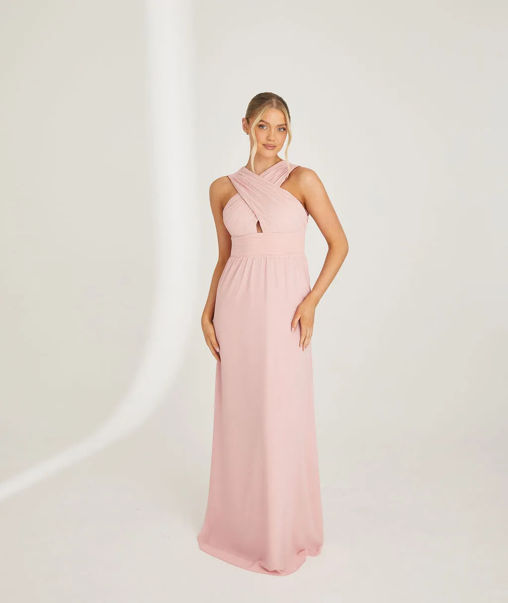 Cross Neck Pleated Waist Chiffon Bridesmaid Dress - Peony Pink