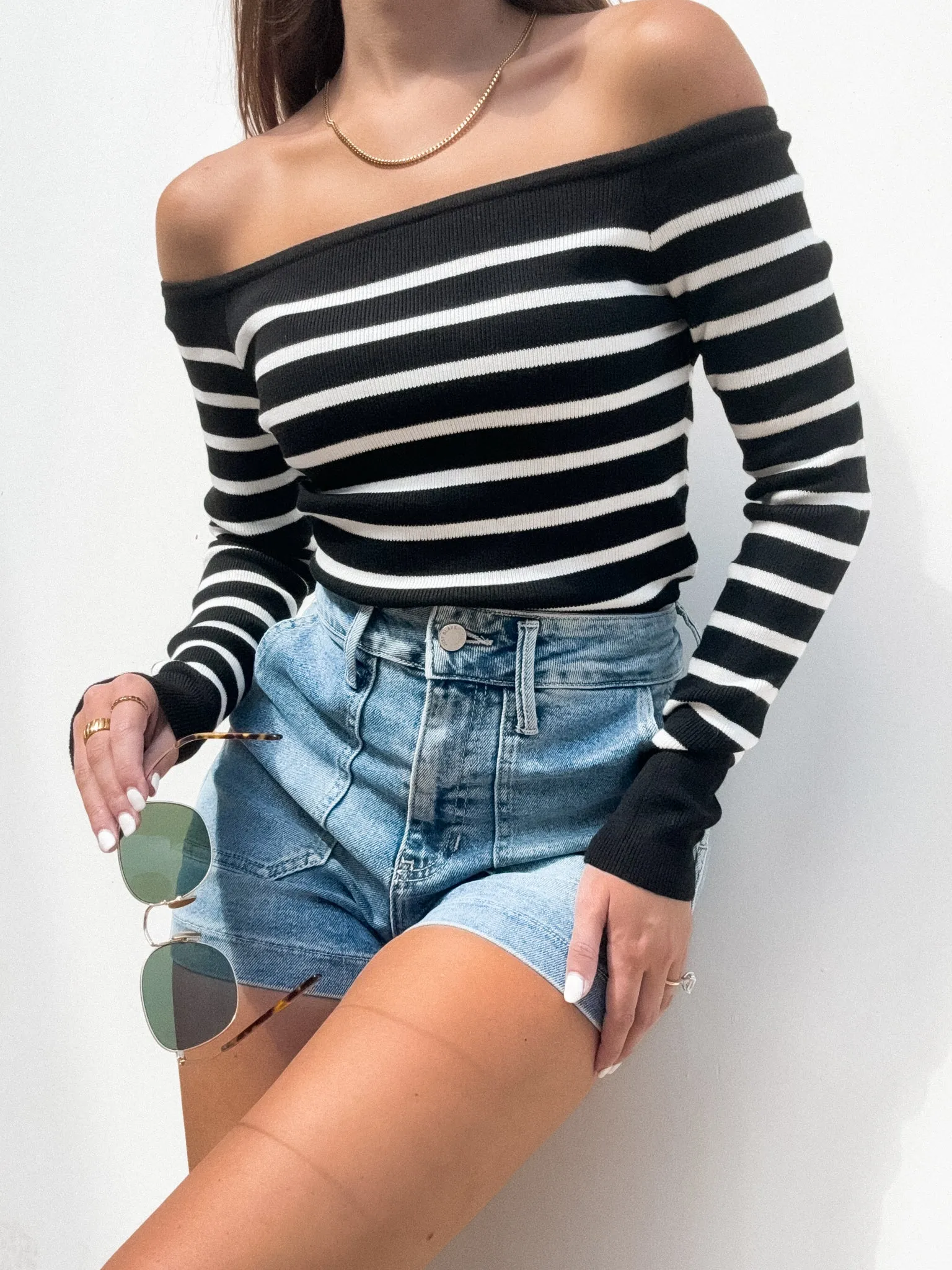 Cross the Line Stripe Knit Top in Black