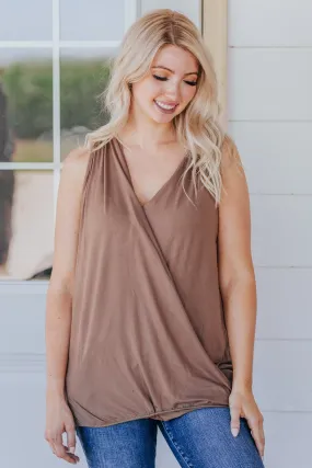 Dance With Me Surplice Halter Sleeveless Tank Top in Mocha