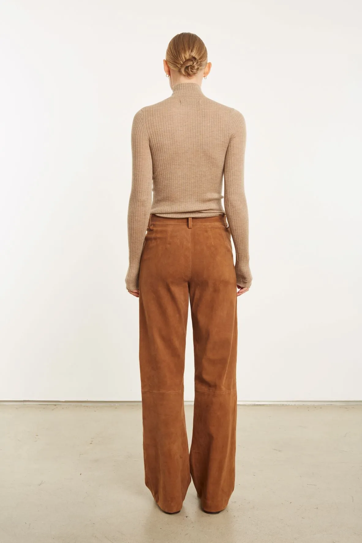 Dark Cognac Suede Straight Leg Trouser