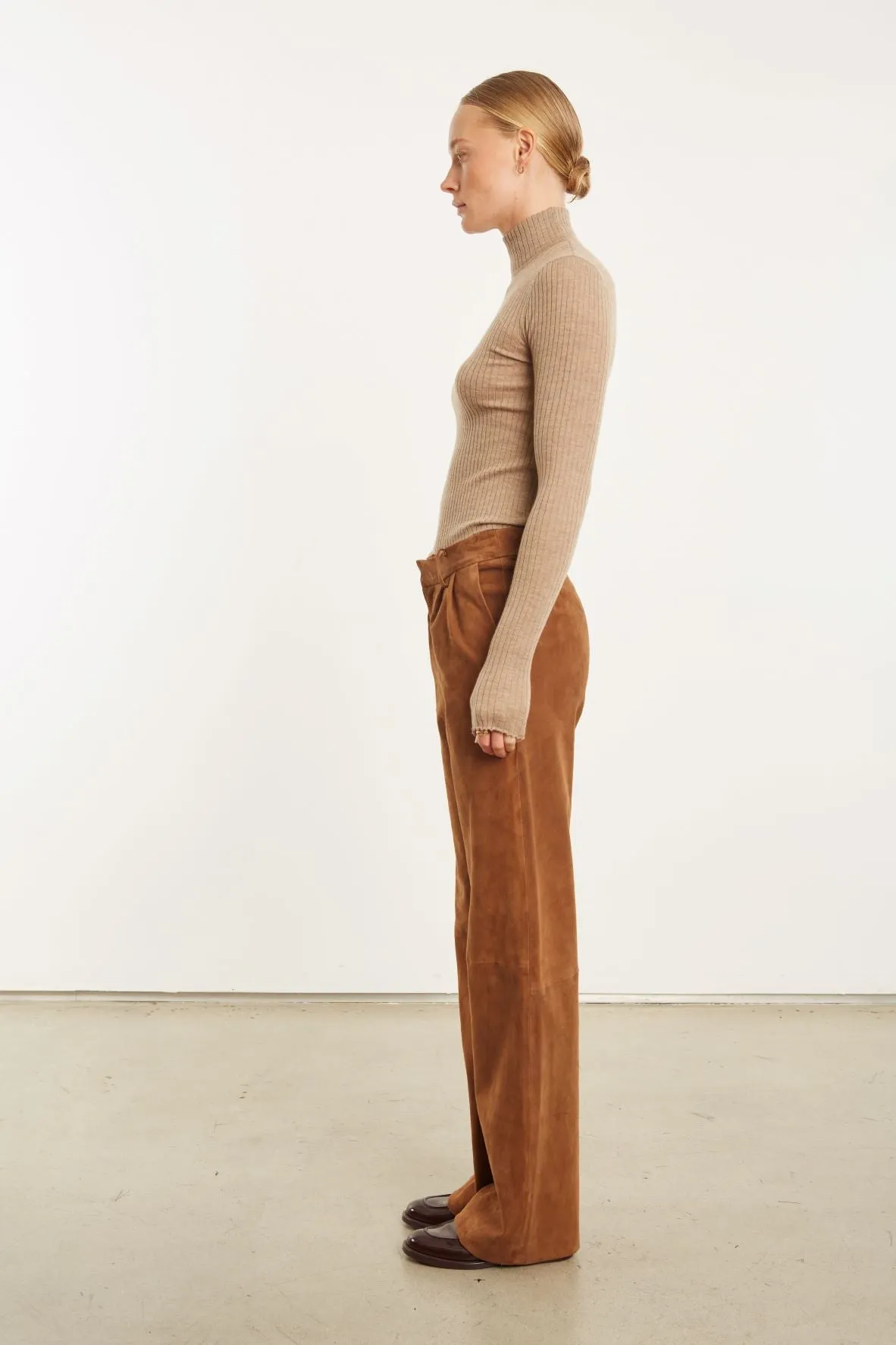 Dark Cognac Suede Straight Leg Trouser