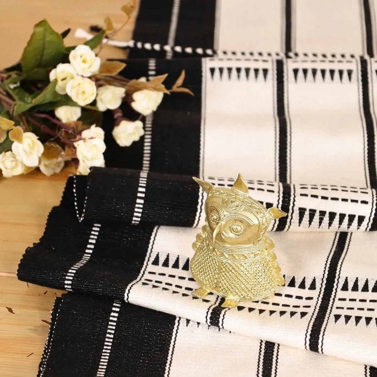 Dhokra Metal Handmade Owl Showpiece and Monochrome Handwoven Striped Table Runner | Rakshabandhan Gift | Handmade In India