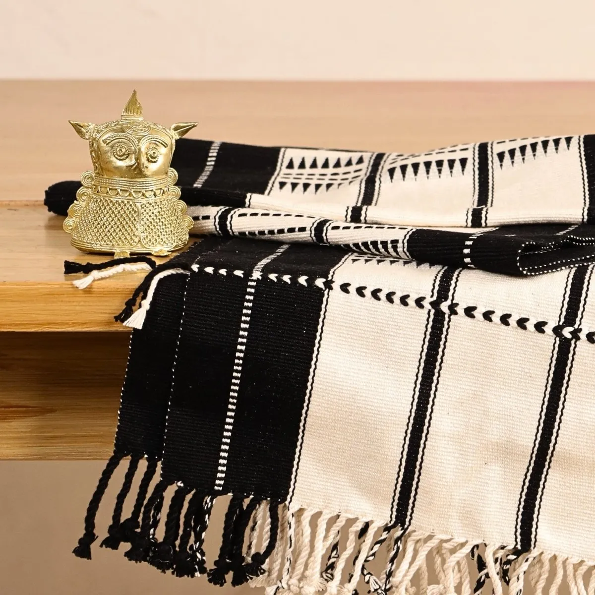 Dhokra Metal Handmade Owl Showpiece and Monochrome Handwoven Striped Table Runner | Rakshabandhan Gift | Handmade In India