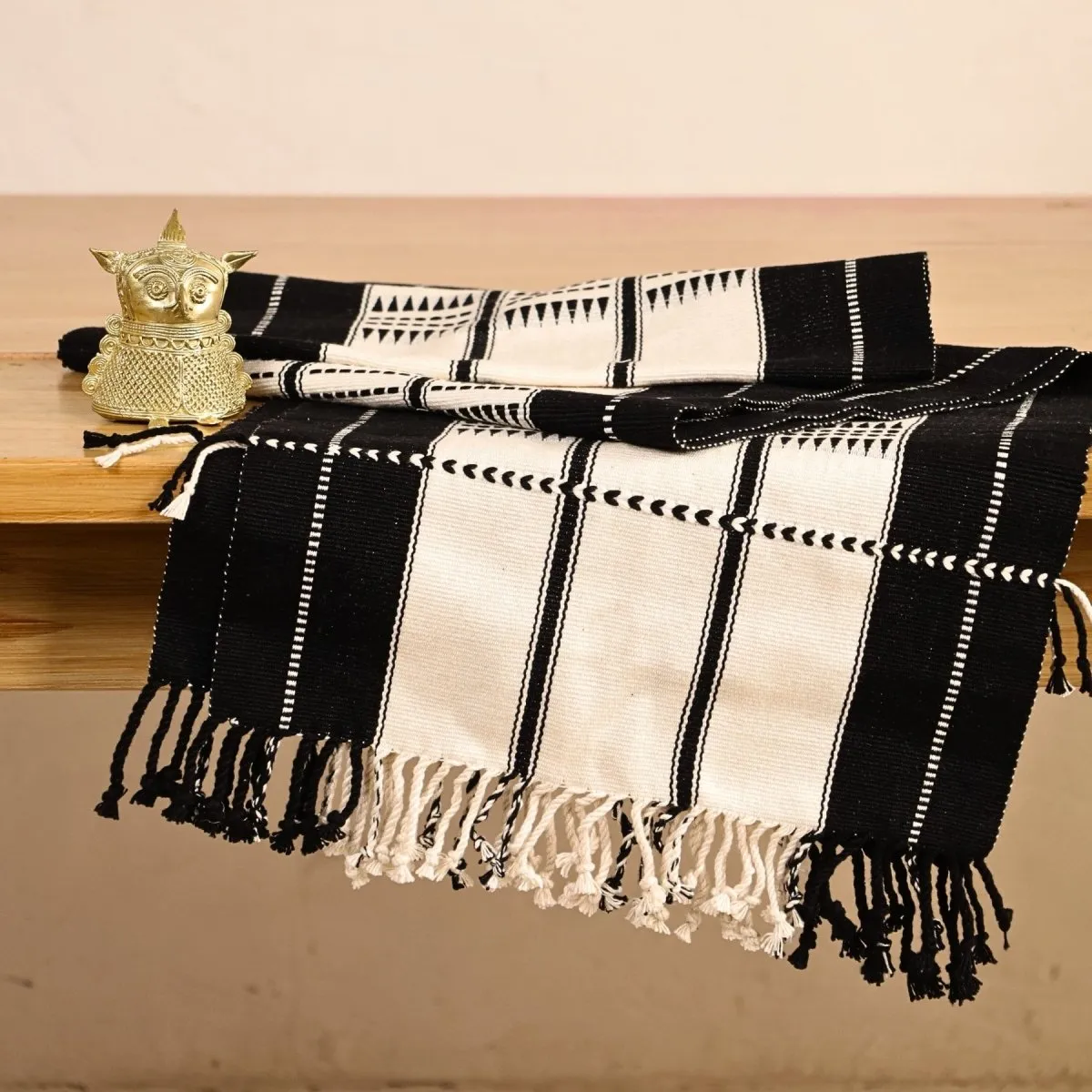 Dhokra Metal Handmade Owl Showpiece and Monochrome Handwoven Striped Table Runner | Rakshabandhan Gift | Handmade In India