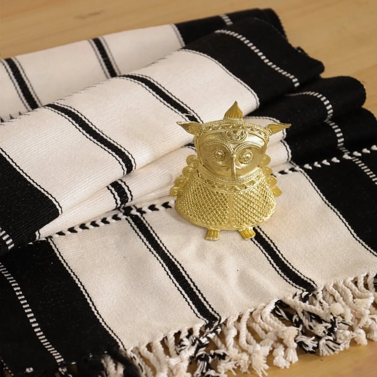 Dhokra Metal Handmade Owl Showpiece and Monochrome Handwoven Striped Table Runner | Rakshabandhan Gift | Handmade In India