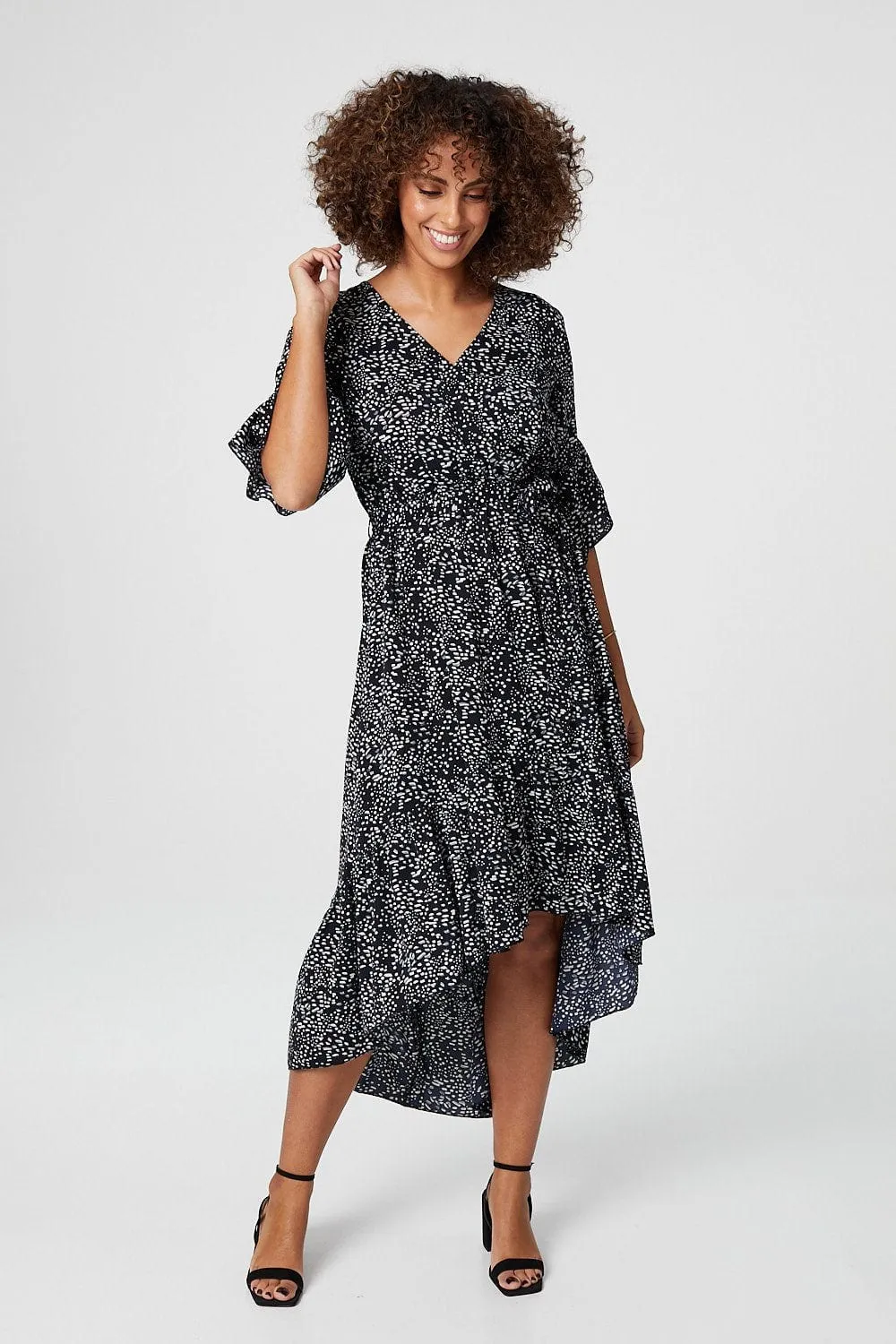 Ditsy Print Wrap Front Midi Dress