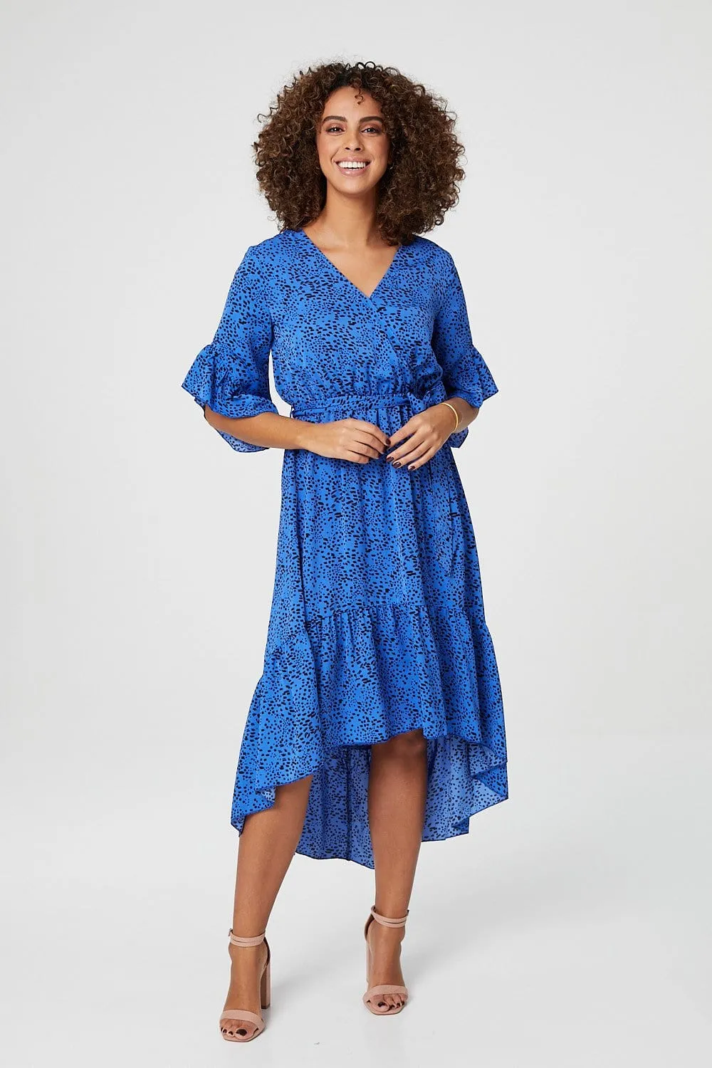 Ditsy Print Wrap Front Midi Dress