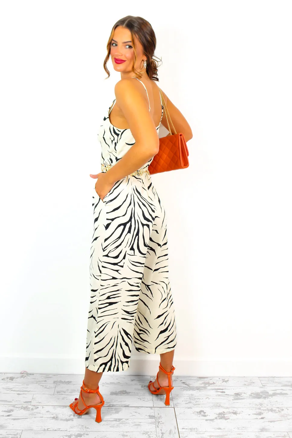 Dont Cut Me Off - Champagne Zebra Print Culotte Jumpsuit