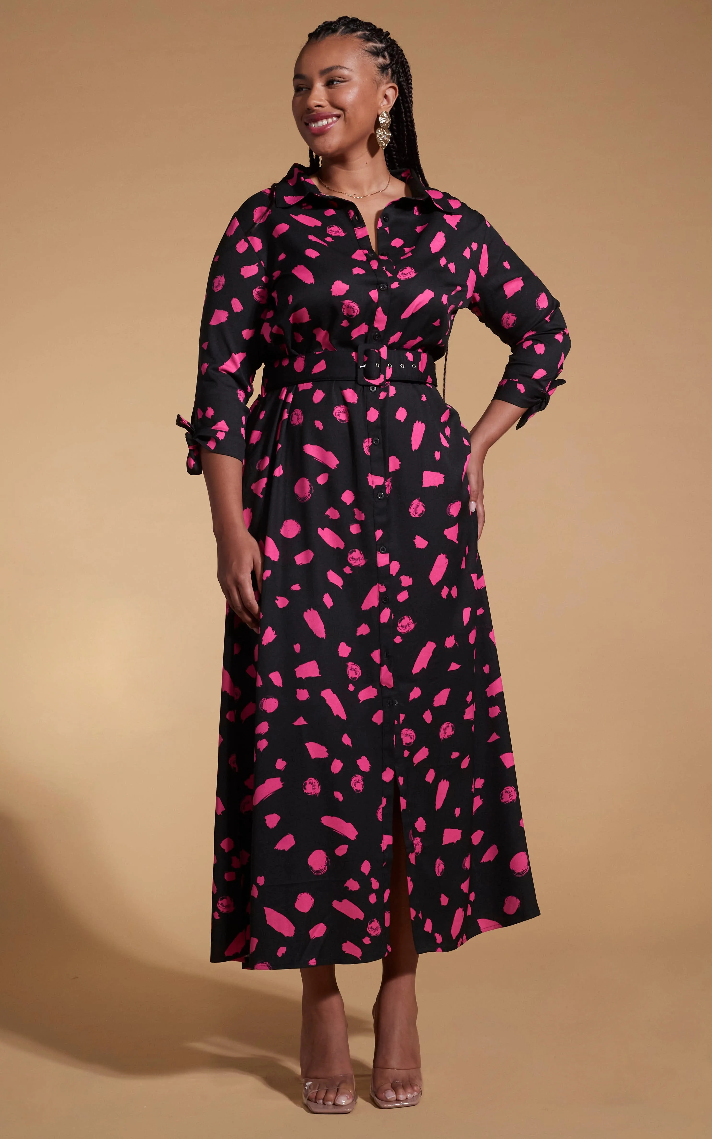 Dove Dress In Abstract Dot Pink On Black- Extended Sizing