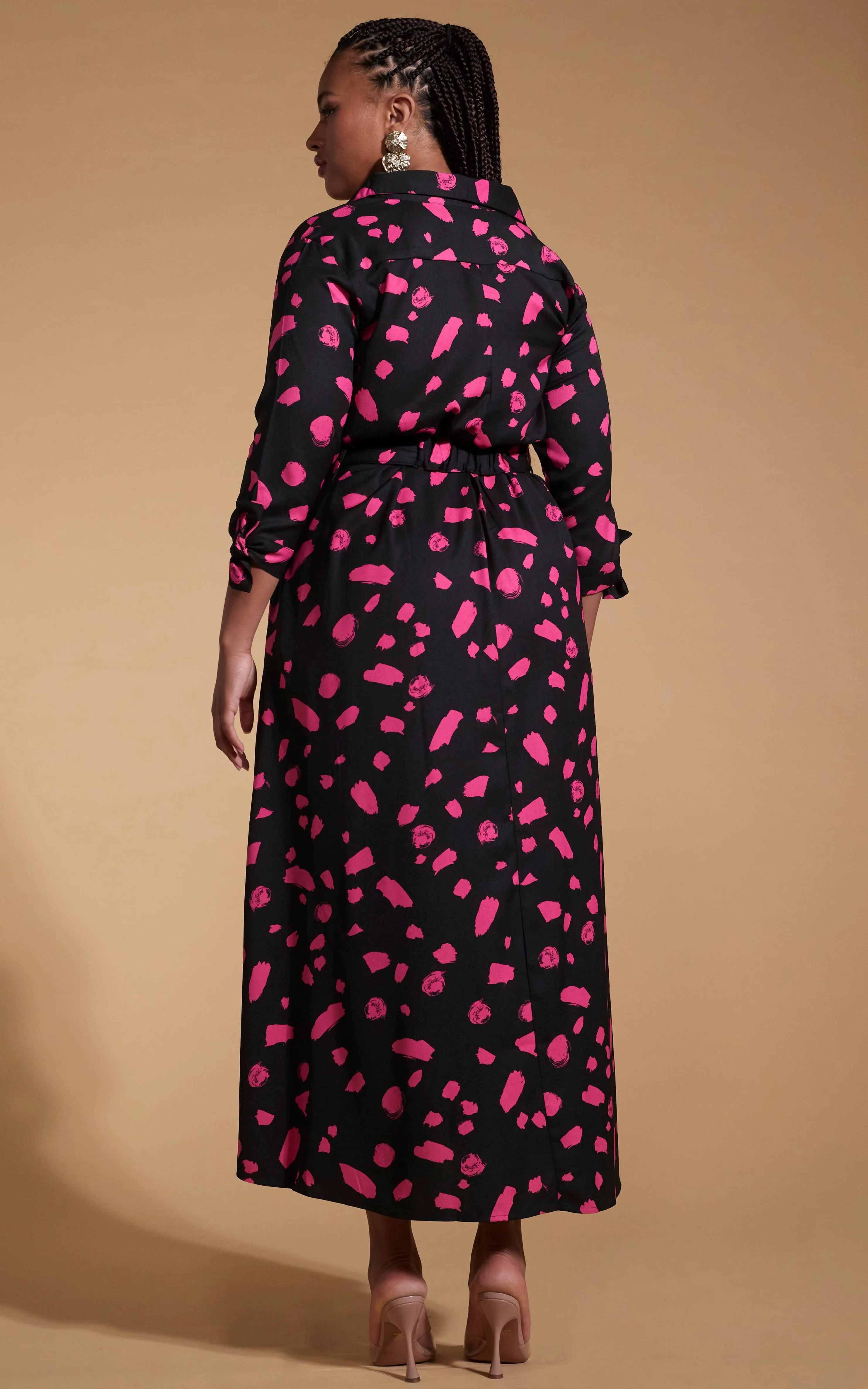 Dove Dress In Abstract Dot Pink On Black- Extended Sizing