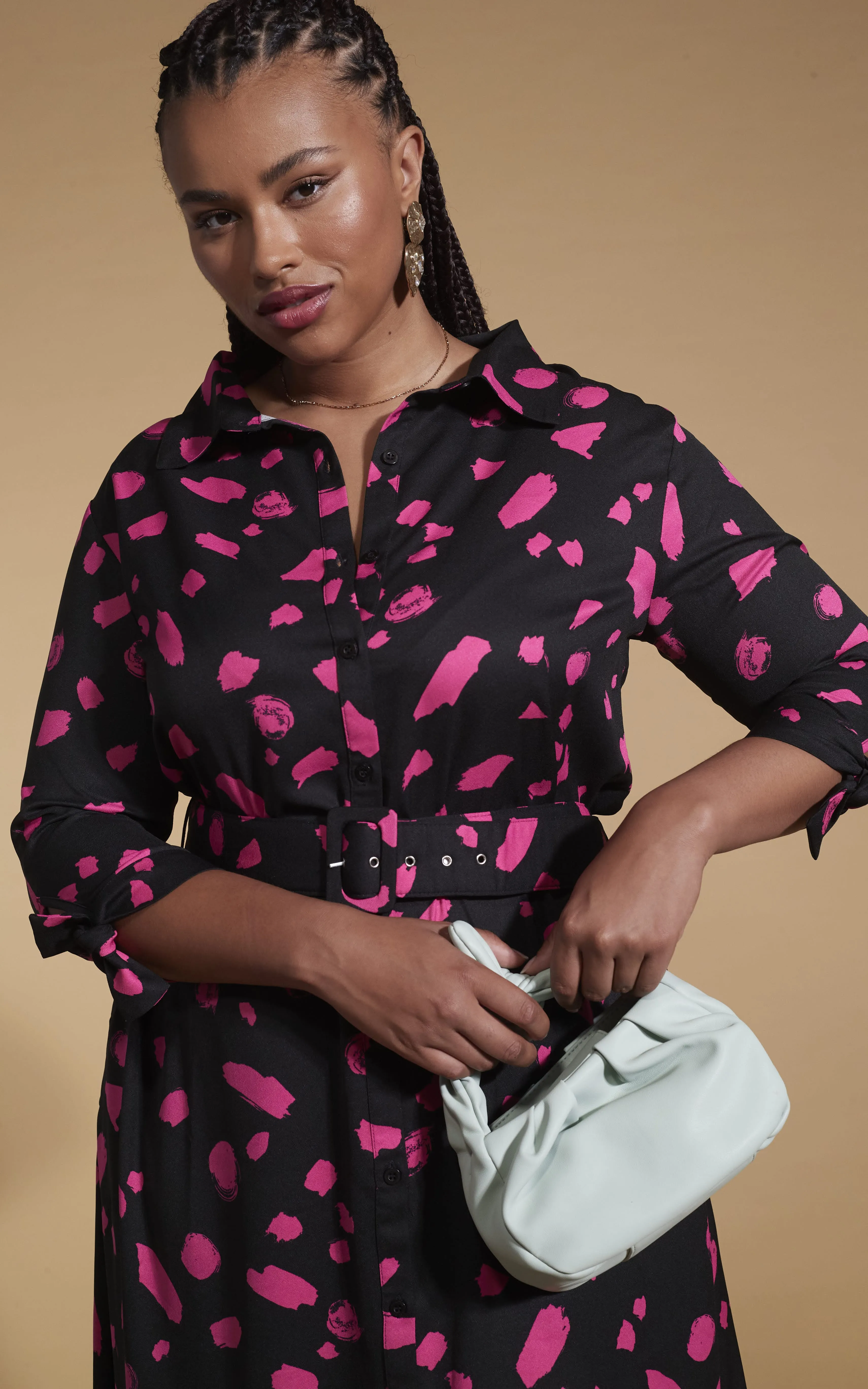 Dove Dress In Abstract Dot Pink On Black- Extended Sizing