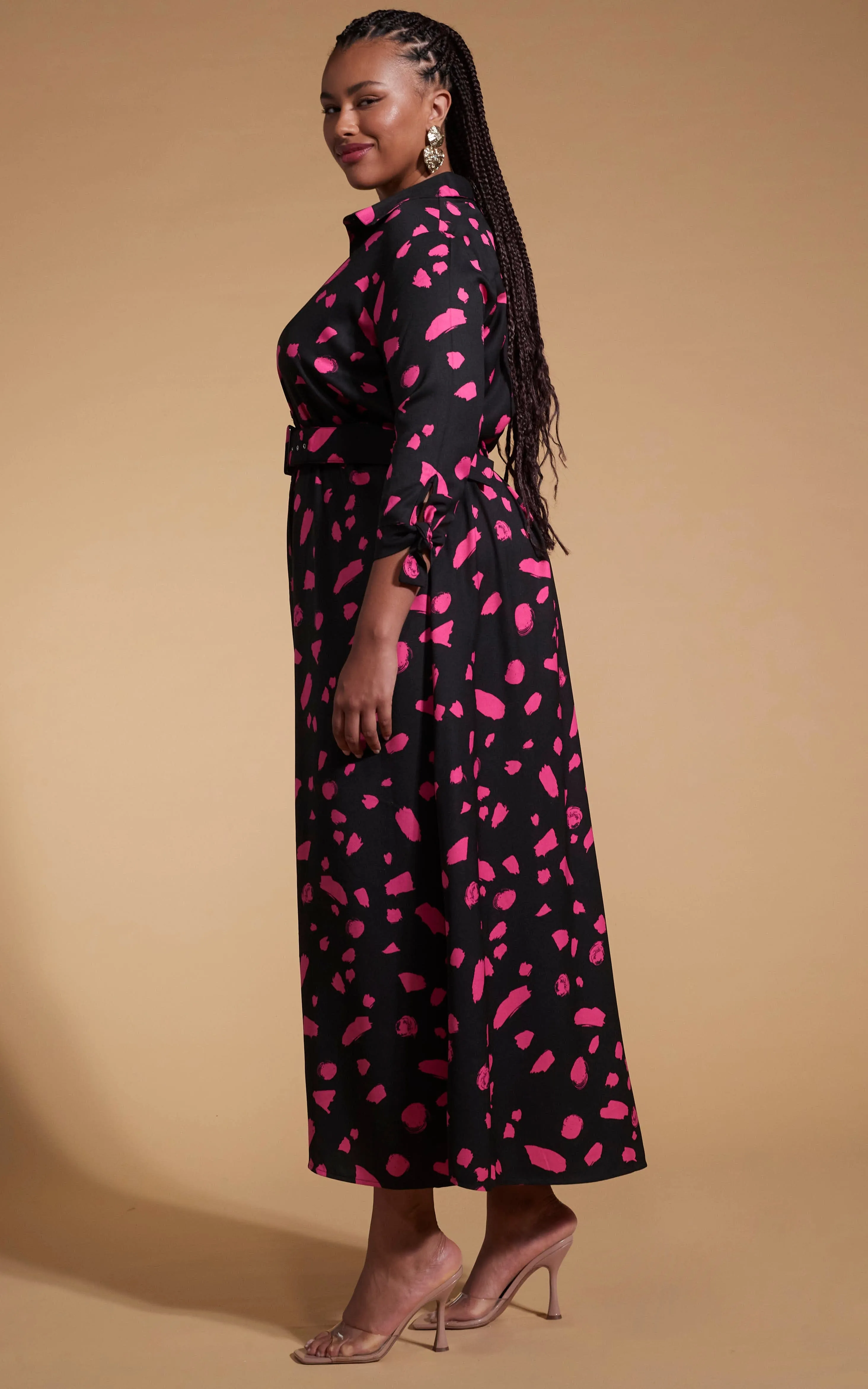 Dove Dress In Abstract Dot Pink On Black- Extended Sizing