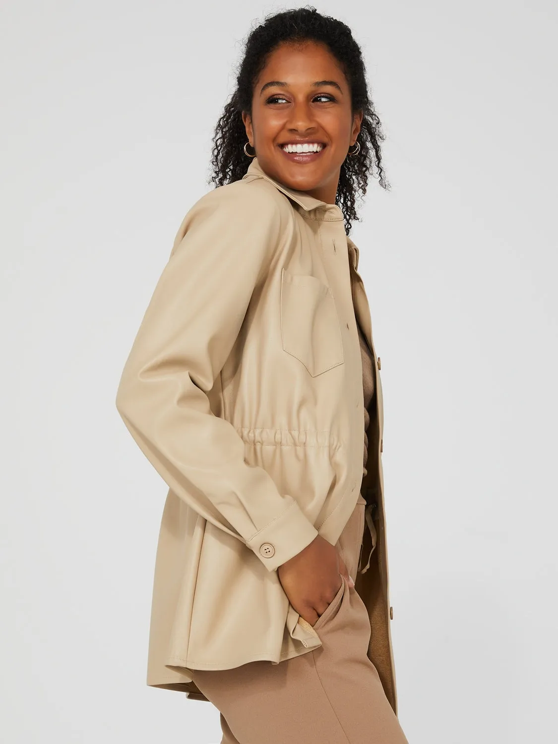 Drawstring Shacket With Front Pockets