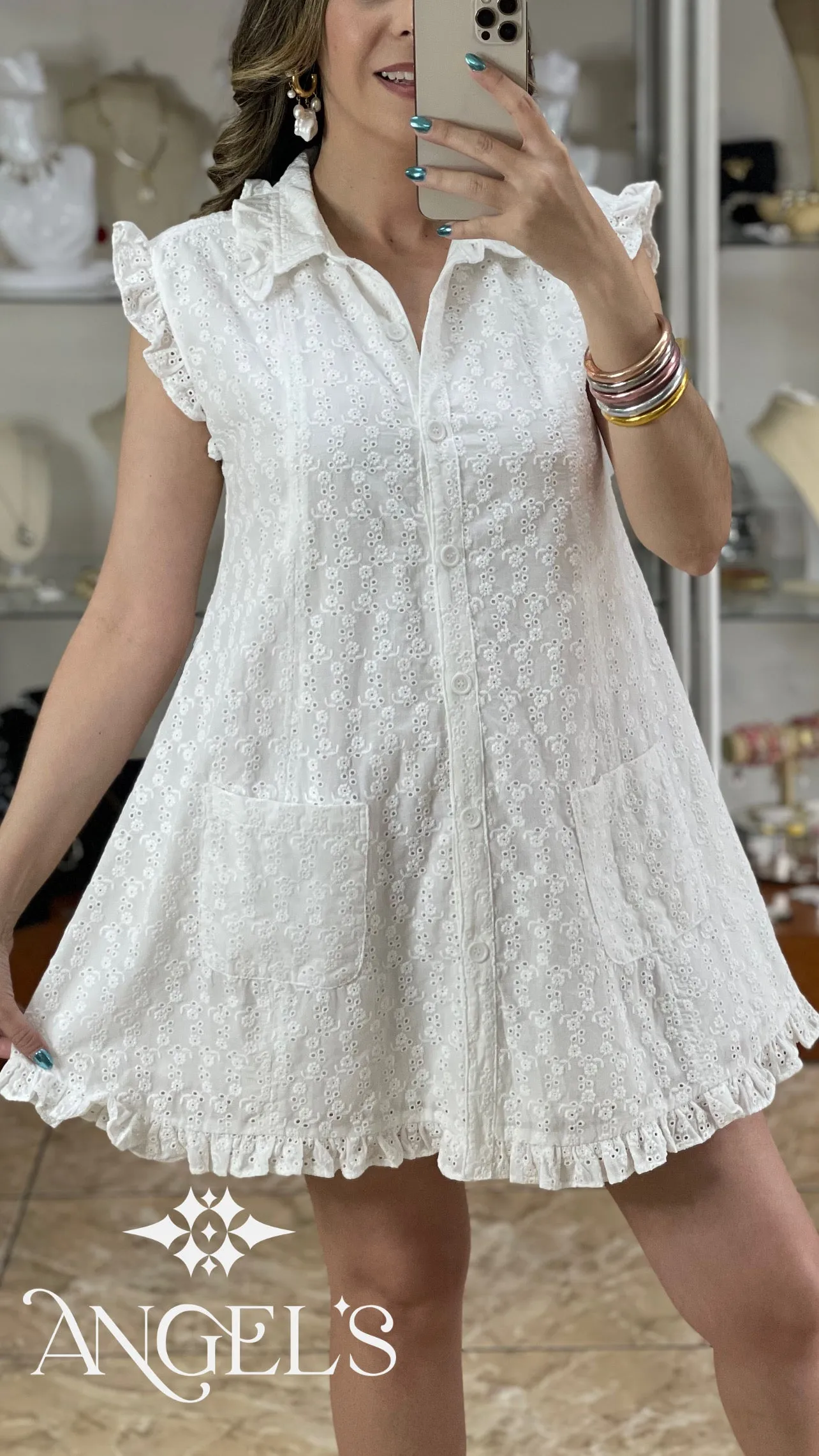 Eyelet Mini Dress With Pockets